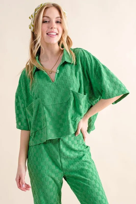 Brushed Texture Checkerboard Pattern Casual Top for Women - Stylish & Comfortable Blouse for Everyday Wear, Work & Outings