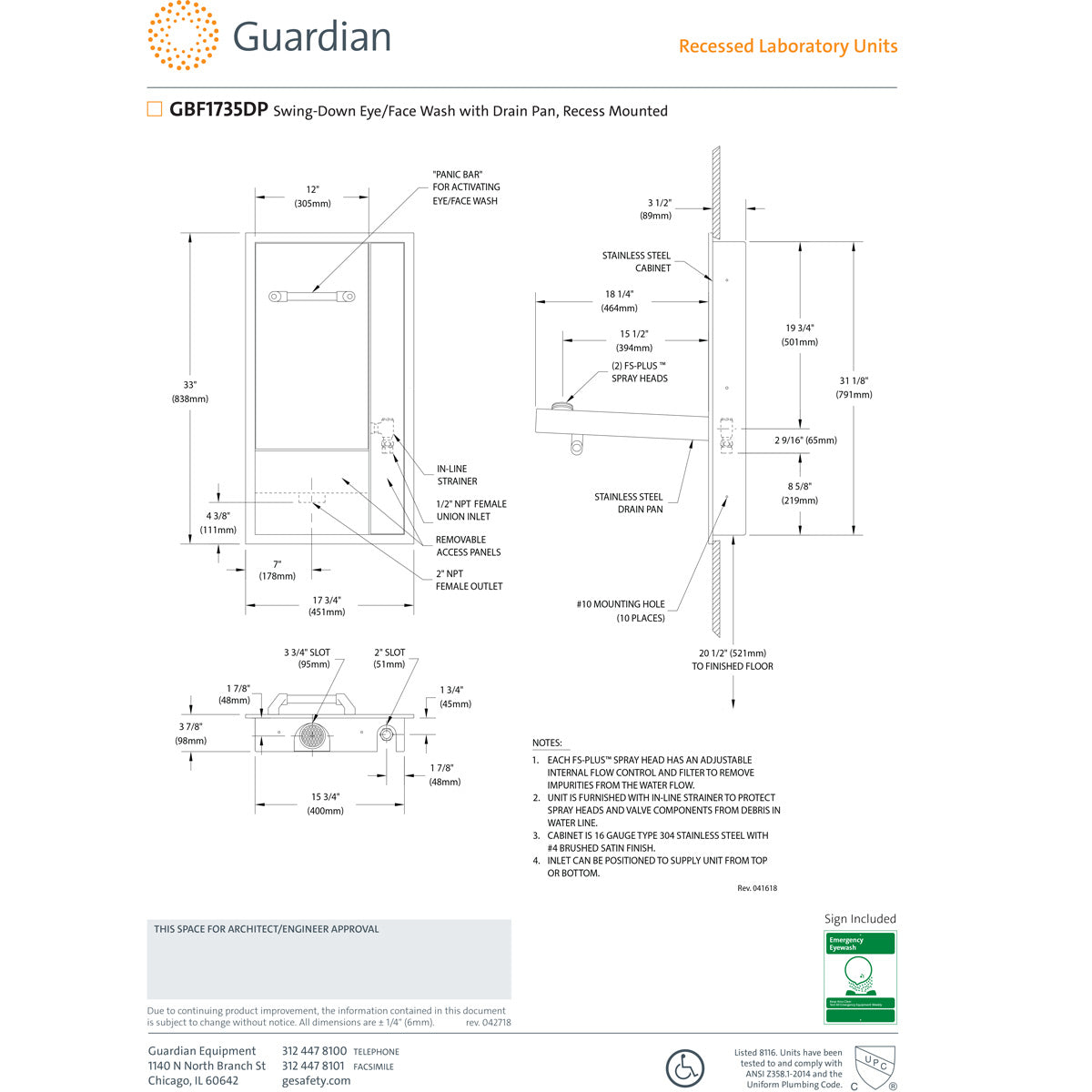 Guardian GBF1735DP Recess Mounted Swing Down Eye & Face Wash Station - Emergency Safety Shower for Labs, Factories & Industrial Workplaces