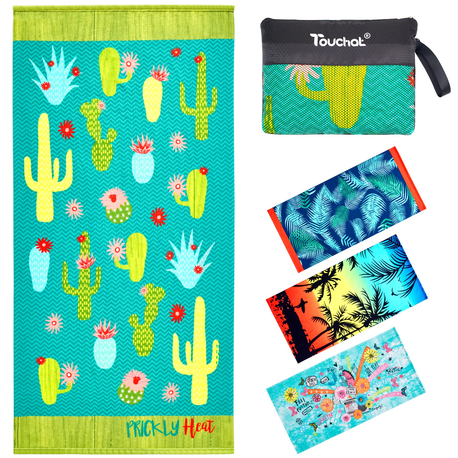 **Touchat Oversized Microfiber Beach Towel 30”x60” – Ultra Absorbent, Sand-Free, Quick-Dry – Cute Cactus Design for Kids, Men & Women – Perfect for Beach, Pool, Swim & Travel**
