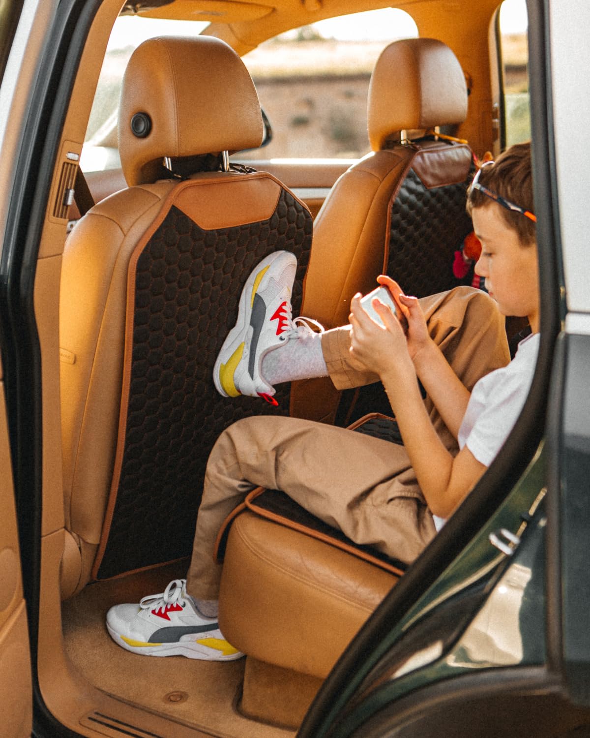 Premium Leather Car Seat Protector for Back Seat - Waterproof & Non-Slip Back Seat Cover for Kids - Car Kick Mat Protects from Scratches & Dirt - Universal Fit for Most Vehicles - Perfect for Family Road Trips & Daily Commutes