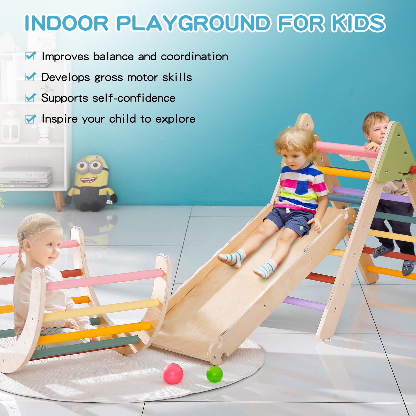 Pikler Triangle Set 7-in-1 Wooden Climbing Toys for Toddlers 1-3 Years | Foldable Montessori Baby Gym with Arch, Ramp & Ladder | Indoor Jungle Climber for Kids' Physical Development & Playroom Activities