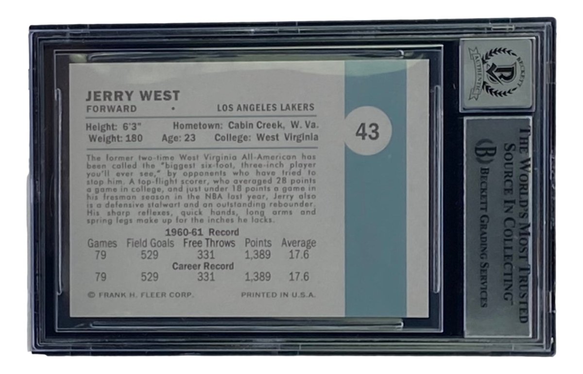 Jerry West Autographed LA Lakers 1961 Fleer Rookie Card #43 BAS Grade 10 - Perfect for NBA Memorabilia Collectors & Basketball Fans Display
