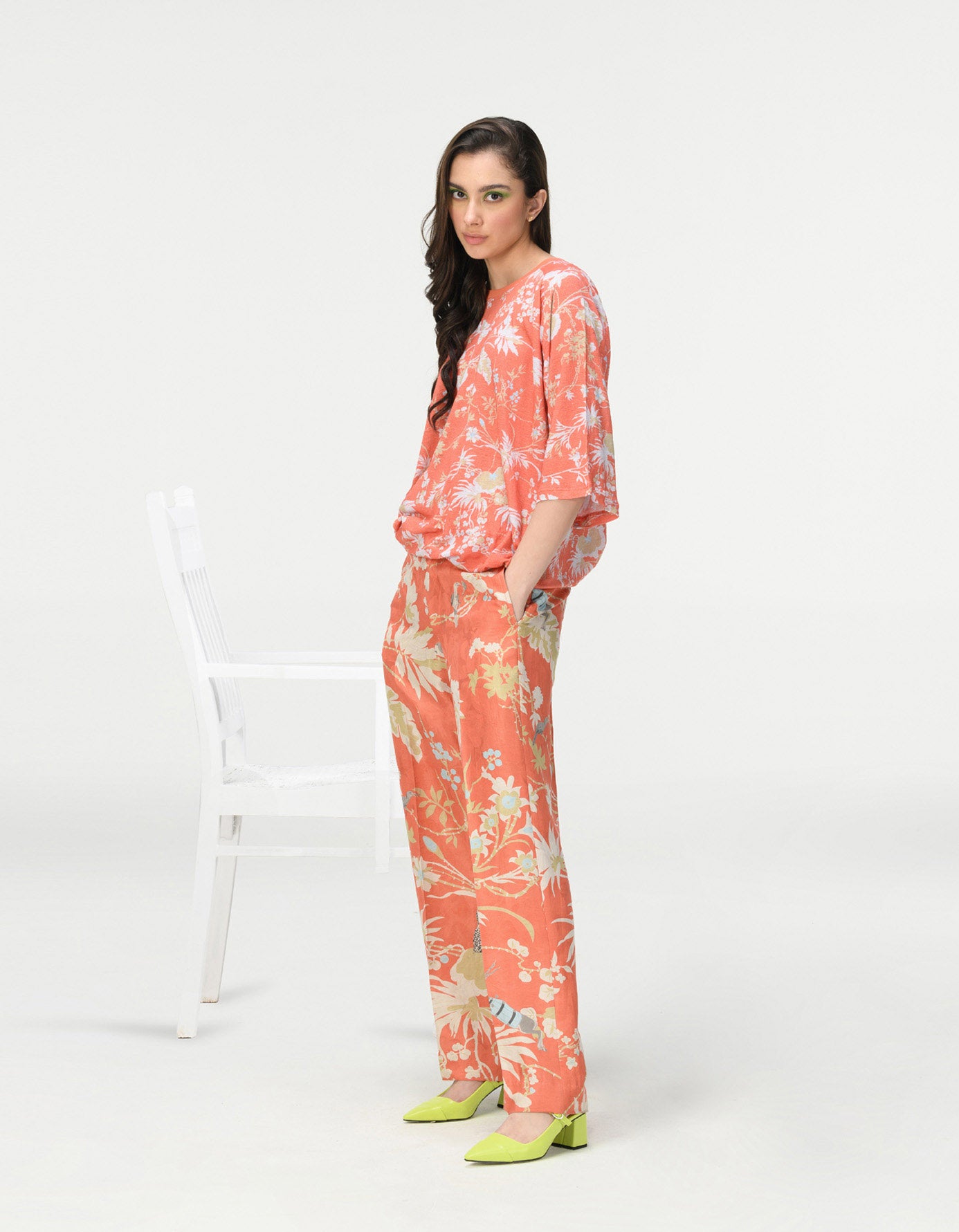Premium Straight Fit Trousers - Silk Damask Coral Pattern - Elegant Formal Pants for Office Wear & Special Occasions