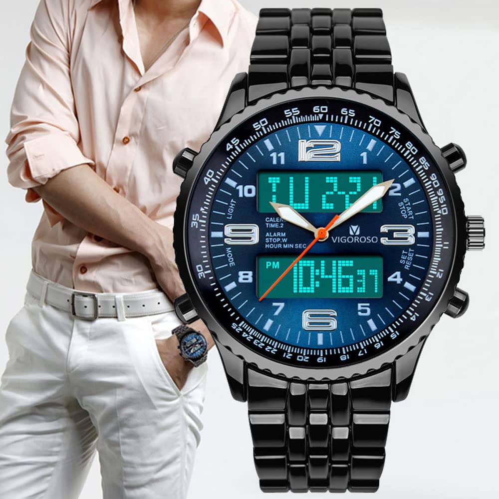 VIGOROSO Men's LED Analog Digital Sports Watch with Date & Week Display - Durable Black Steel Strap for Running, Gym & Outdoor Activities