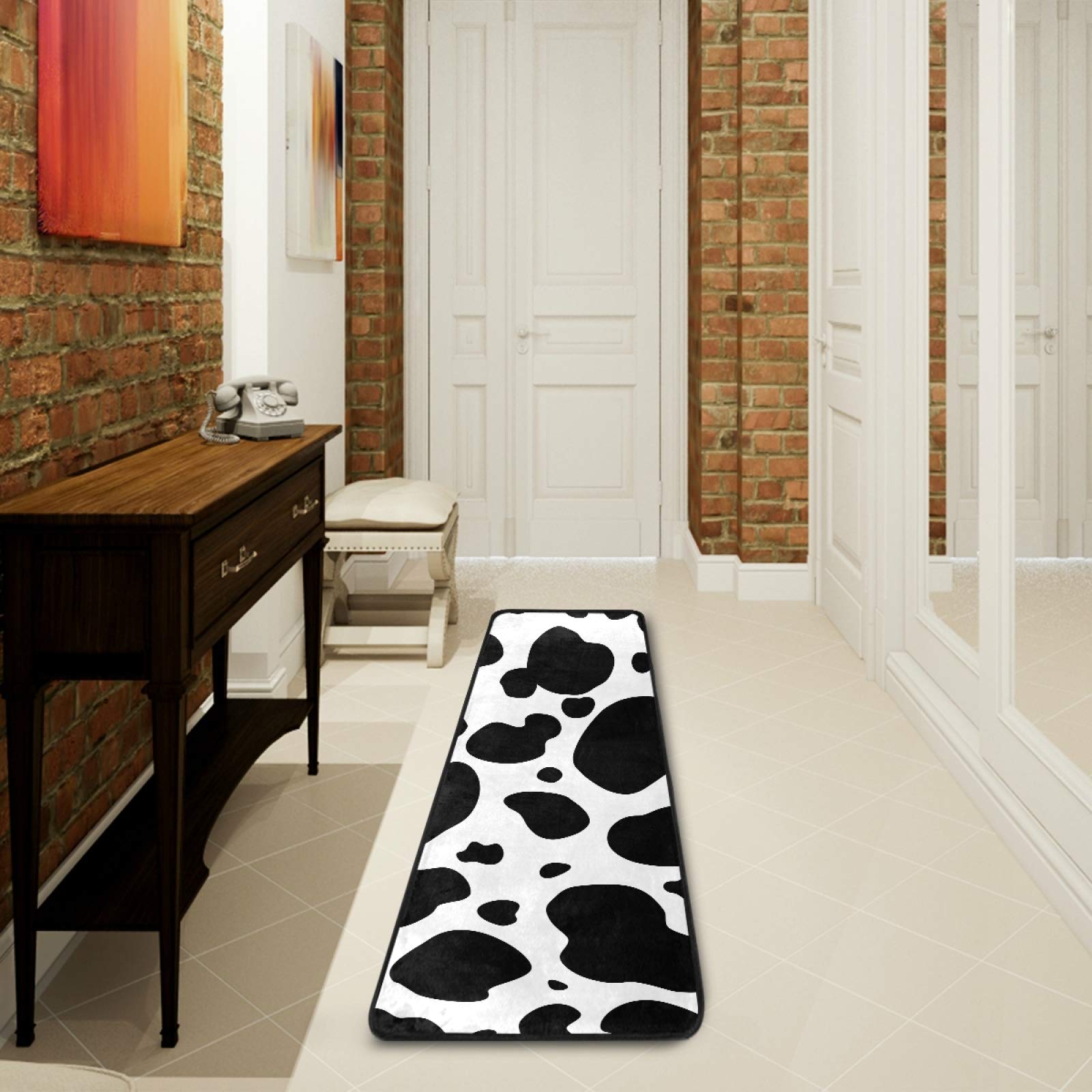 Non-Slip Black and White Cow Print Runner Rug 2x6 FT - Soft Indoor Hallway Carpet for Kitchen, Bathroom, Bedroom Entry - Perfect for Farmhouse Decor & High Traffic Areas