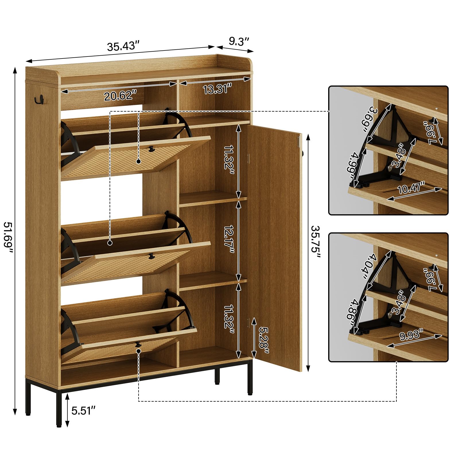 IDEALHOUSE 3-Tier Rattan Shoe Storage Cabinet with Flip Drawers & Adjustable Shelves - Narrow Free Standing Shoe Organizer for Entryway, Hallway or Closet - Natural Woven Design with Fence Top - Perfect for Small Spaces & Home Organization