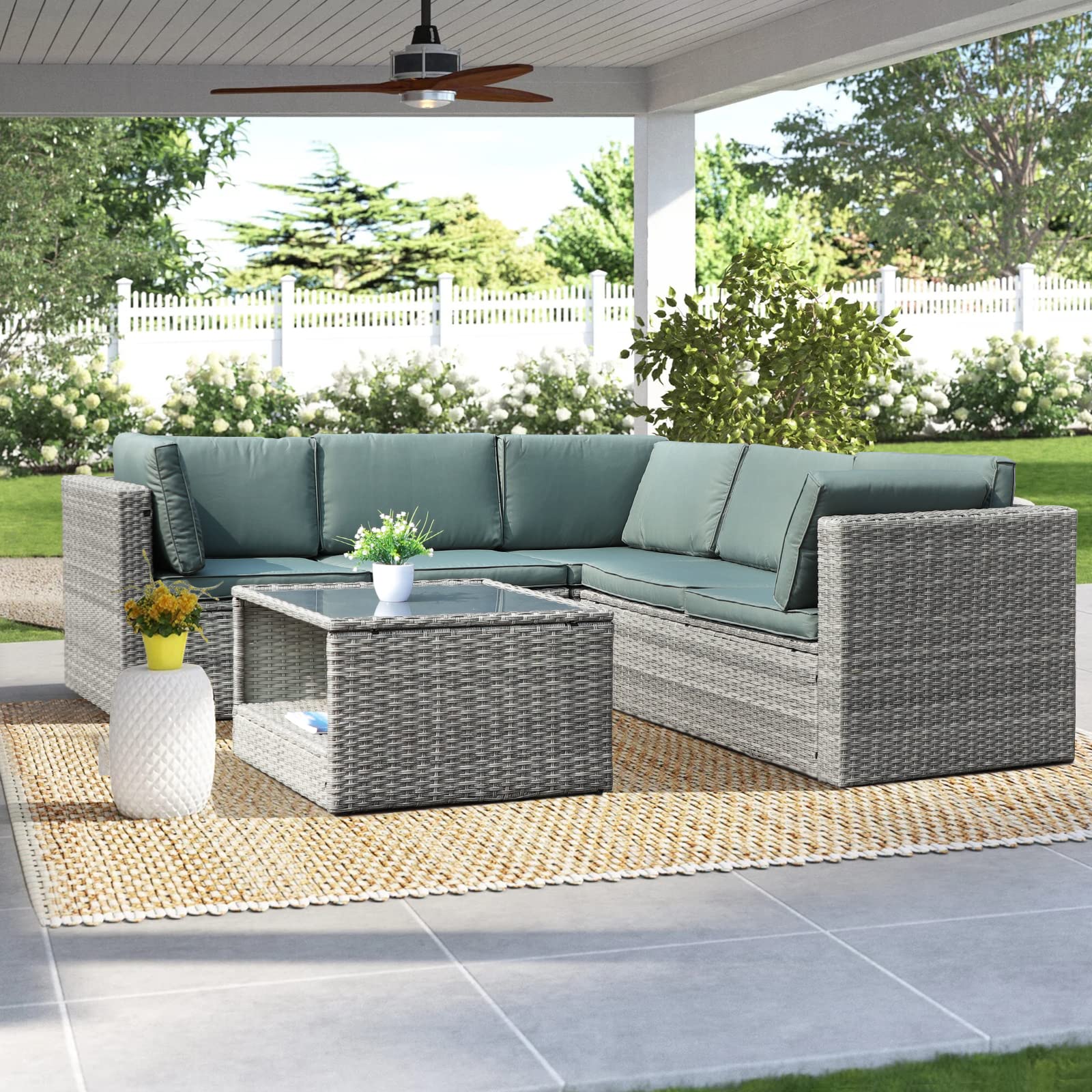 MORCOE 4-Piece Patio Furniture Set, Rattan Wicker Outdoor Sectional Sofa with Glass Table & Soft Cushions - Perfect for Garden, Backyard, Balcony, Porch, and Poolside Relaxation