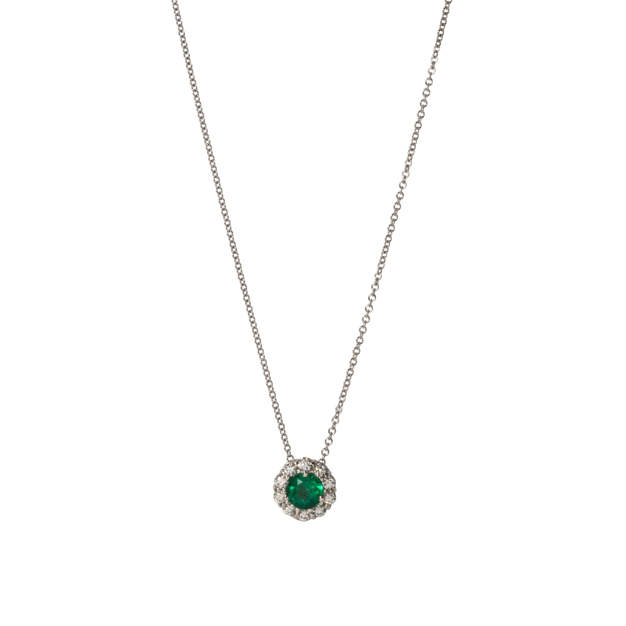 0.42ctw Round Emerald & Diamond Halo 18K White Gold Pendant Necklace - Elegant Jewelry Gift for Women, Perfect for Weddings, Anniversaries & Special Occasions