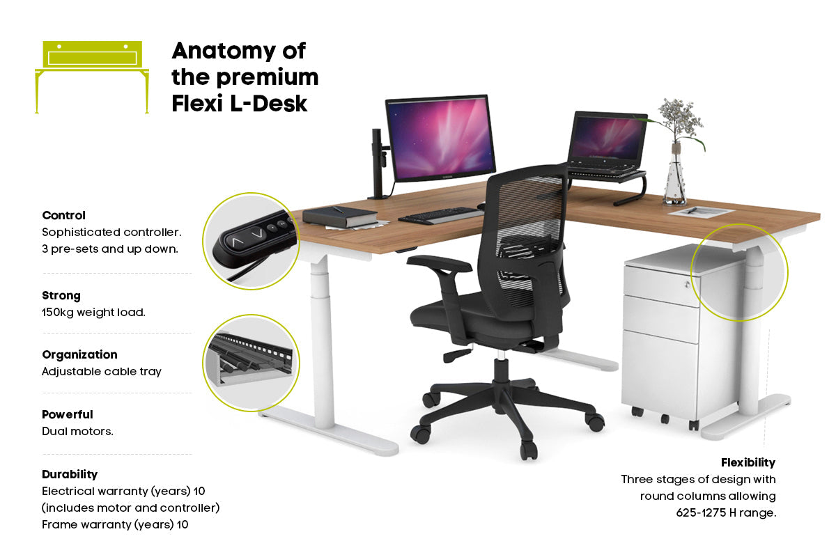 Flexi Premium Height Adjustable Corner Workstation Desk - 1600L x 1550W with Cable Management Scallop | Ergonomic Home Office & Gaming Setup for Comfortable Workspace