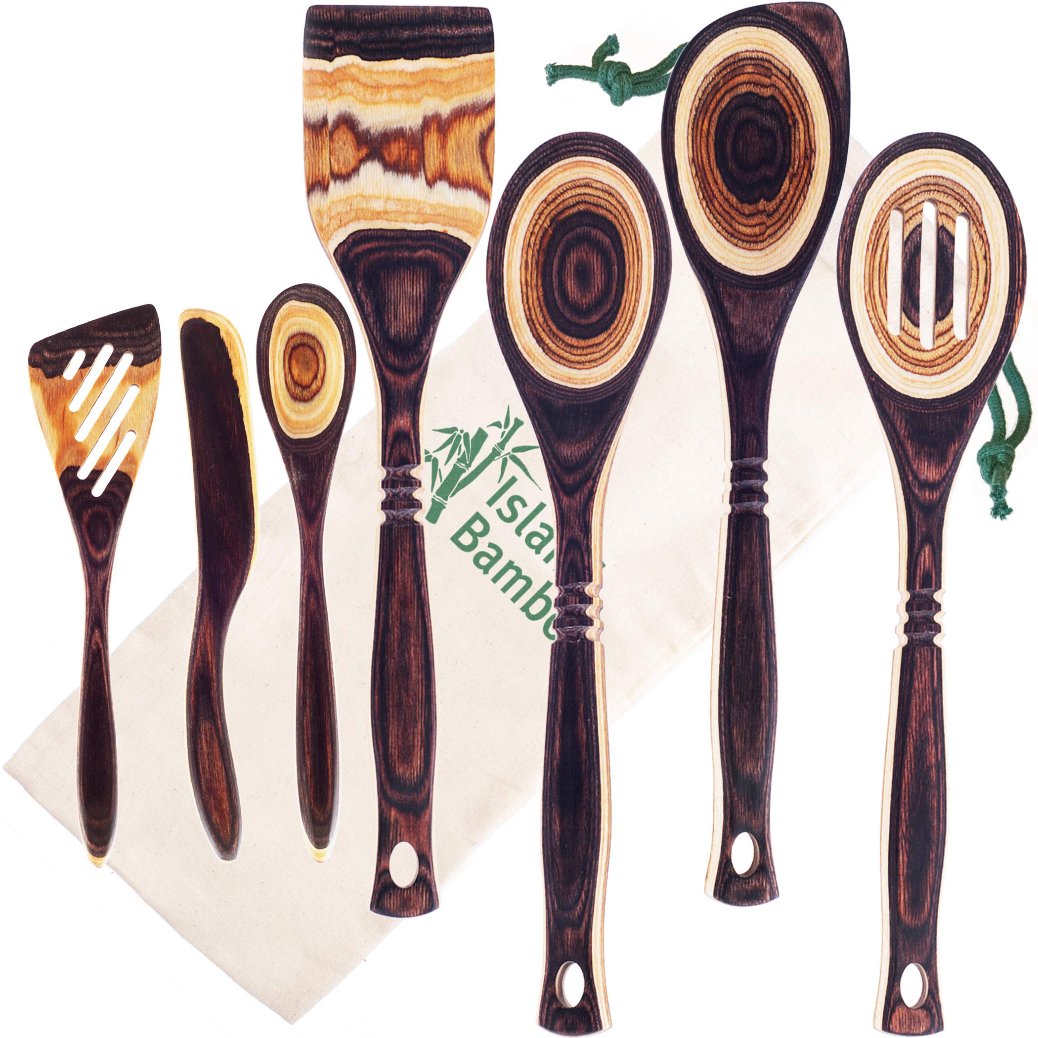 Premium 7-Piece Exotic Pakkawood Bamboo Kitchen Utensil Set with Gift Bag - Includes Spoon, Slotted Spoon, Spatula, Corner Spoon & More - Heat Resistant & Non-Stick Cooking Tools for Baking, Stir-Frying & Serving - Perfect Housewarming Gift for Home Chefs