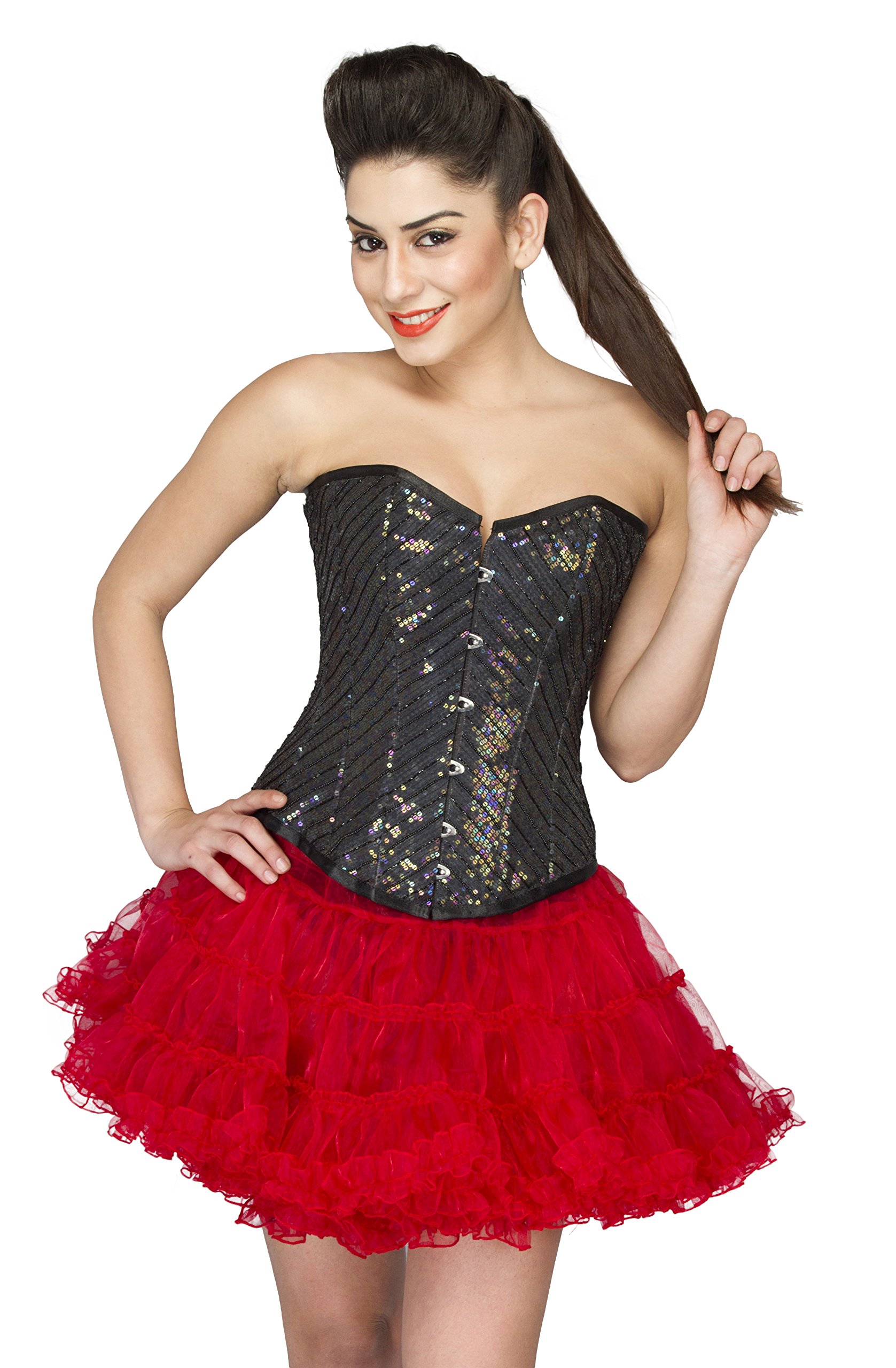 Plus Size Cotton Silk Shapewear Bustier Corset Top - Black Sequin Overbust Corset for Women | Perfect for Costume Parties, Burlesque Shows & Vintage Fashion