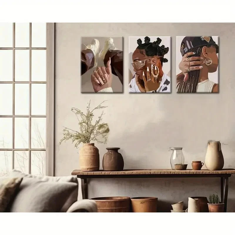 3-Piece Abstract African American Metal Wall Art Prints - Ready to Hang Modern Home Decor for Living Room, Bedroom & Office