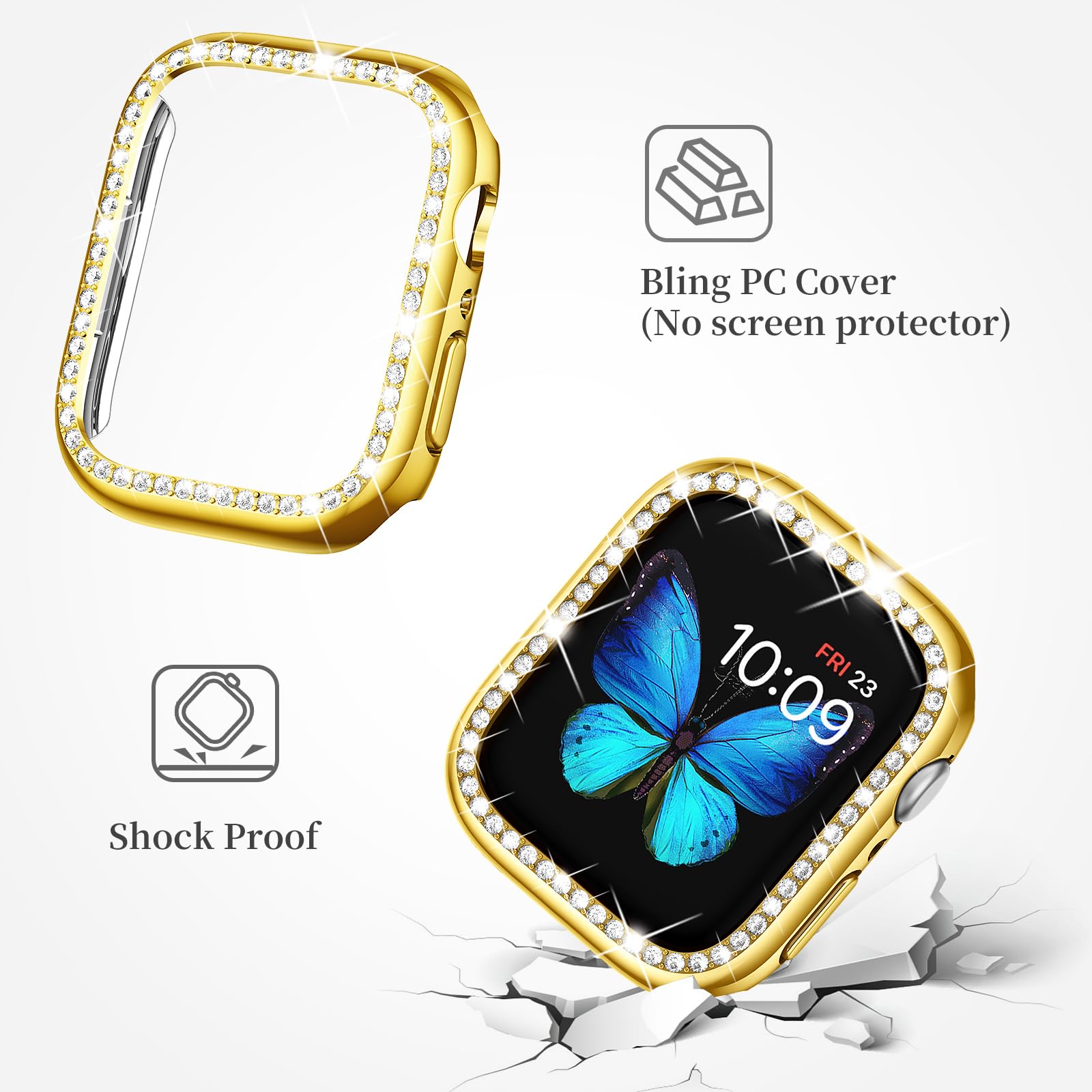 SUPOIX Luxury Bling Diamond Metal Band & 2 Pack Protective Case for Apple Watch Series 9/8/7/6/SE 41mm - Gold, Stylish Women's Jewelry Accessory for Workout, Party & Everyday Wear