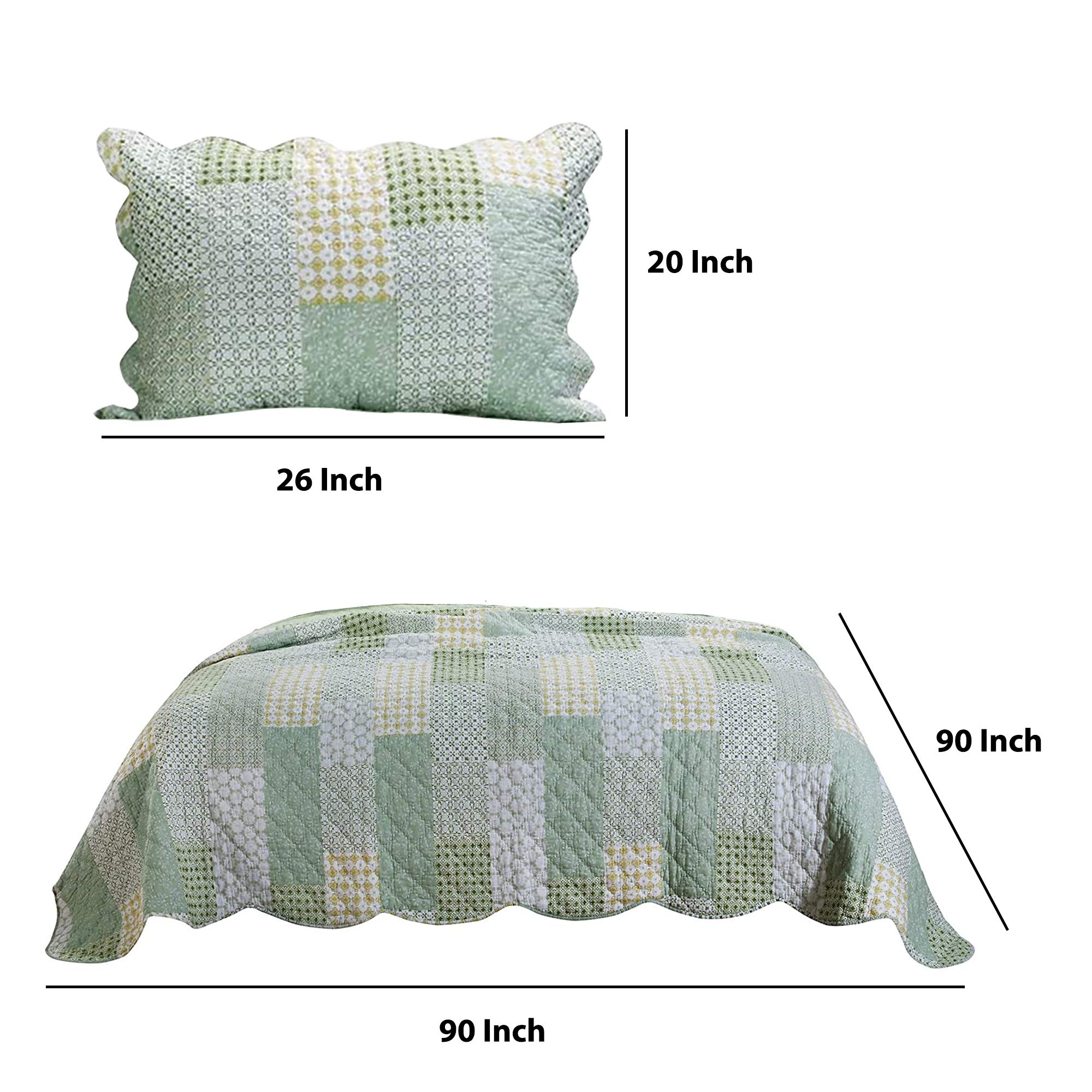 Benjara Reversible Queen Size Quilt Set - Geometric Pattern Green Bedding - Soft Fabric for Master Bedroom, Guest Room & Cozy Home Decor