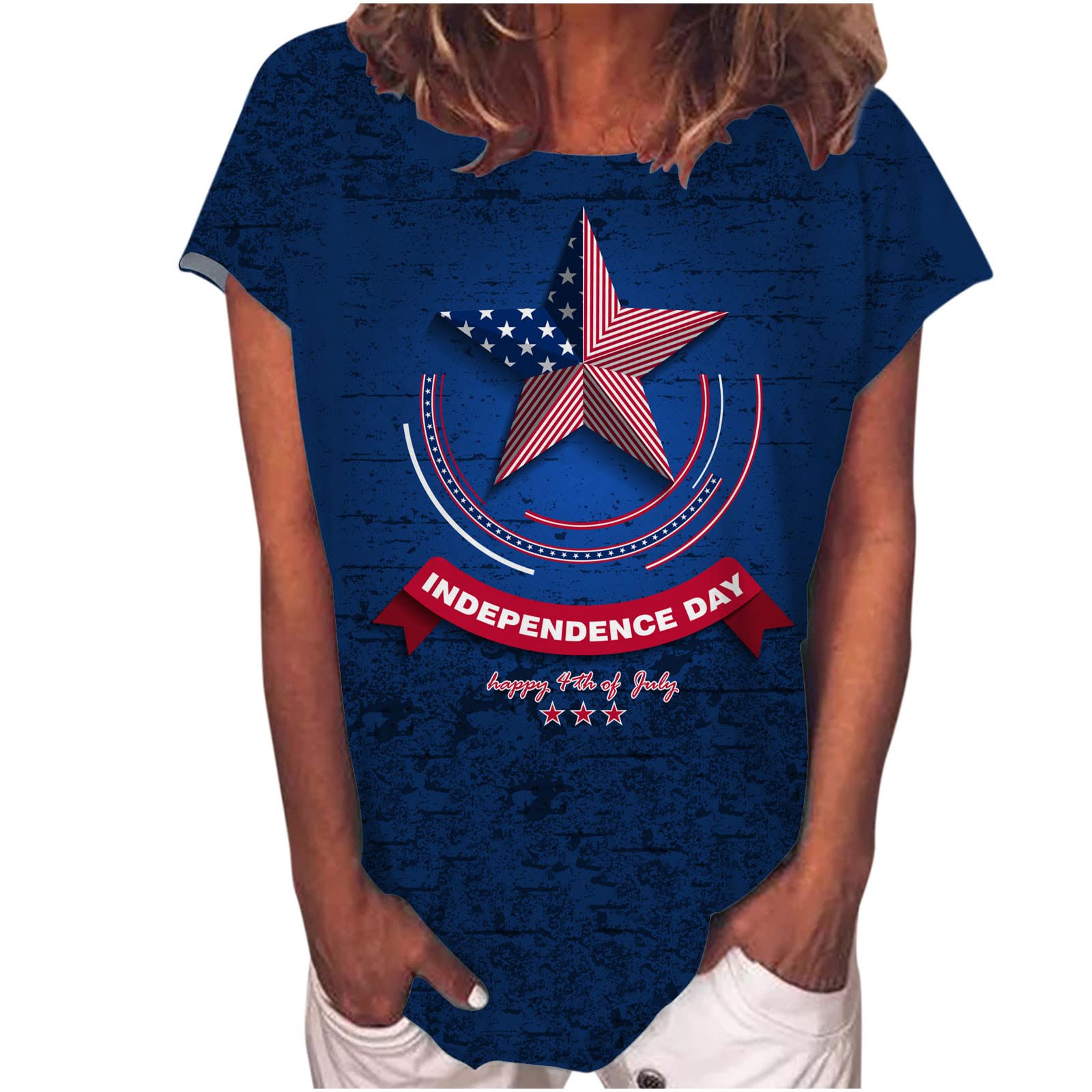 Women's Patriotic July 4th T-Shirt - Stars & Stripes Red White Blue Short Sleeve Top for Independence Day Celebrations | Perfect for BBQ Parties, Fireworks Shows & Summer Festivals