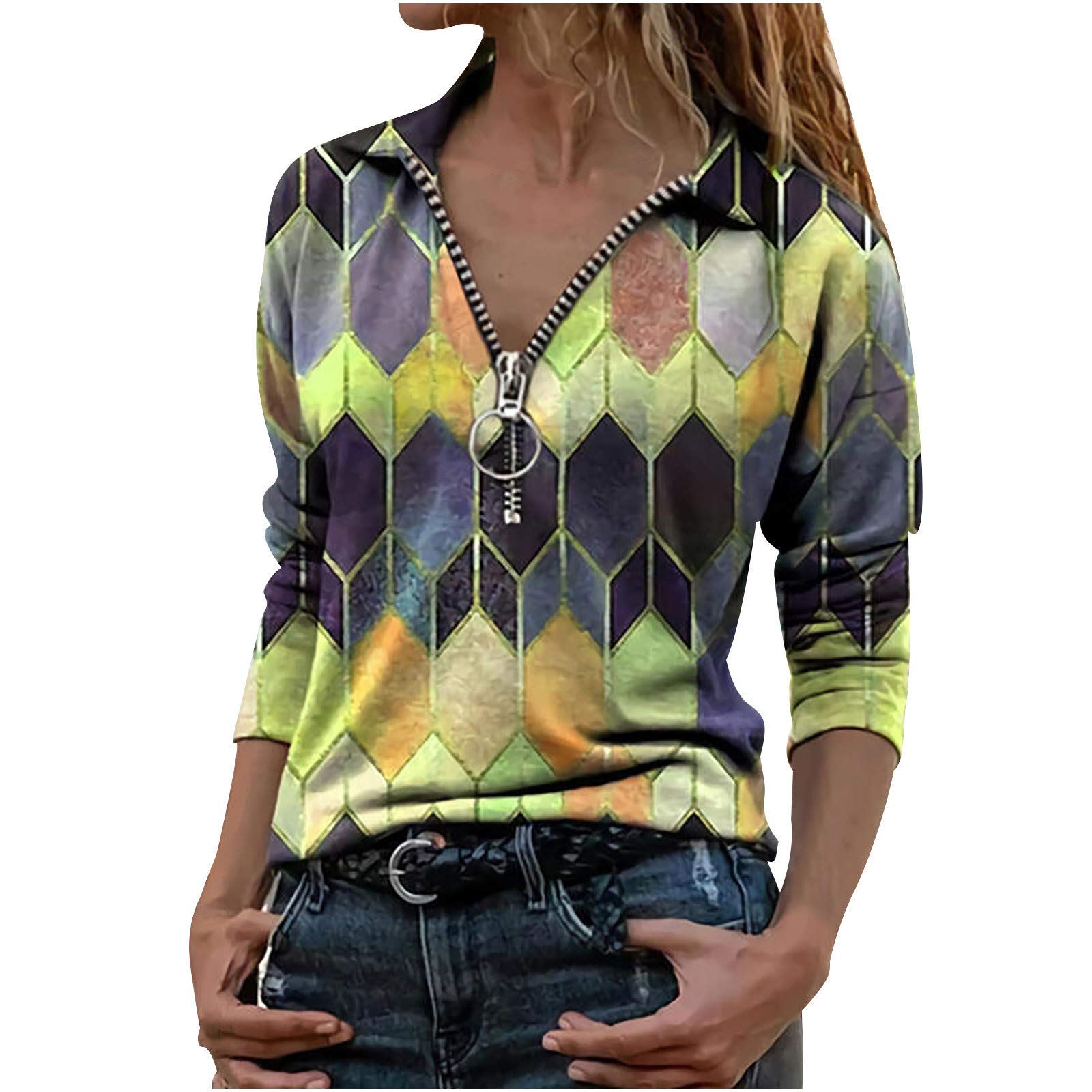 HUANKD Women's Long Sleeve Blouse - Fashion Geometric Print Lapel Zipper Casual T-Shirt Top | Office Wear, Date Night & Everyday Outfits