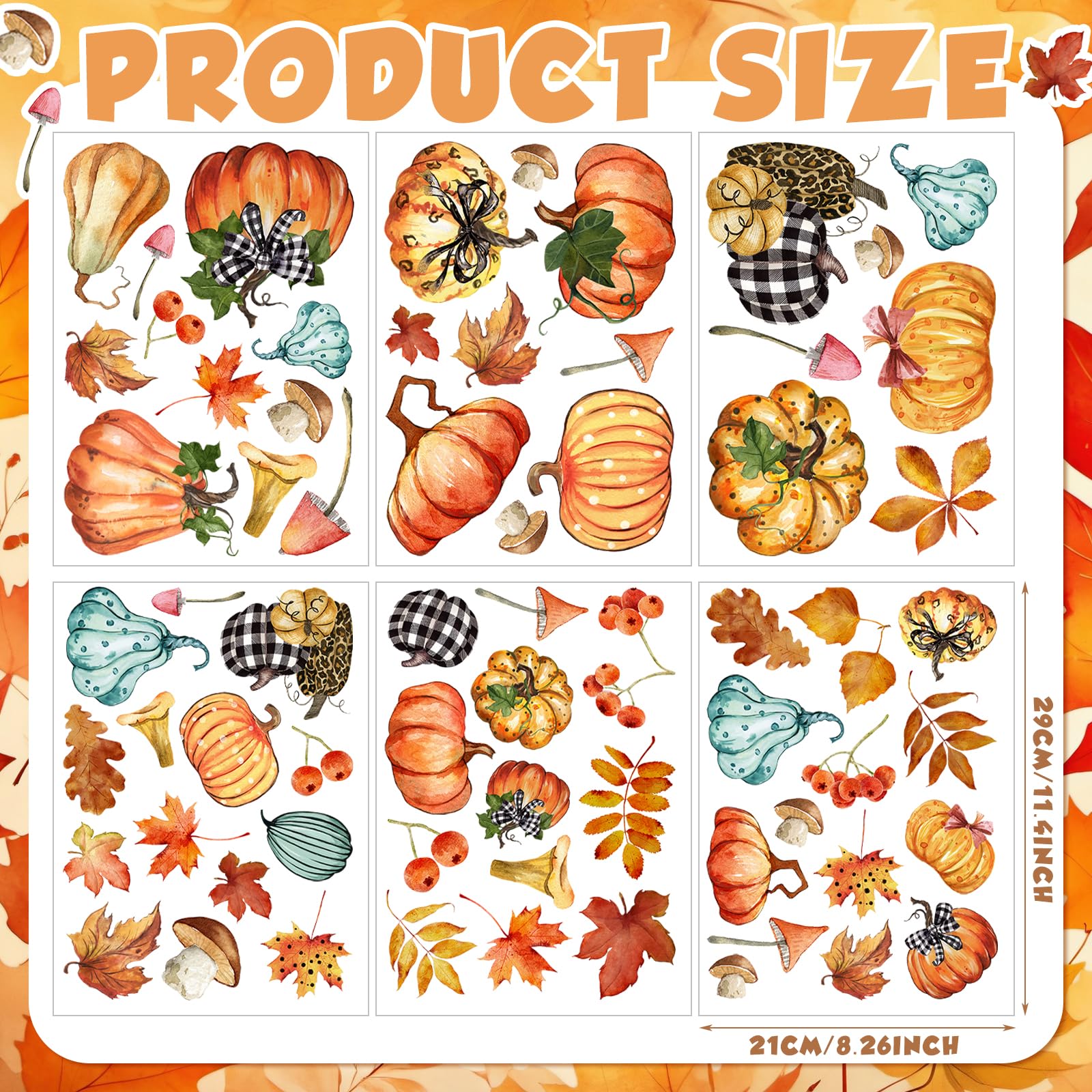 6 Sheets Thanksgiving Fall Wall Stickers - Autumn Leaves & Pumpkin Decor for Home, Office, Classroom - Removable Wall Decals for Kids, Parties & Seasonal Decorations - Perfect for Thanksgiving, Halloween & Fall Festivities