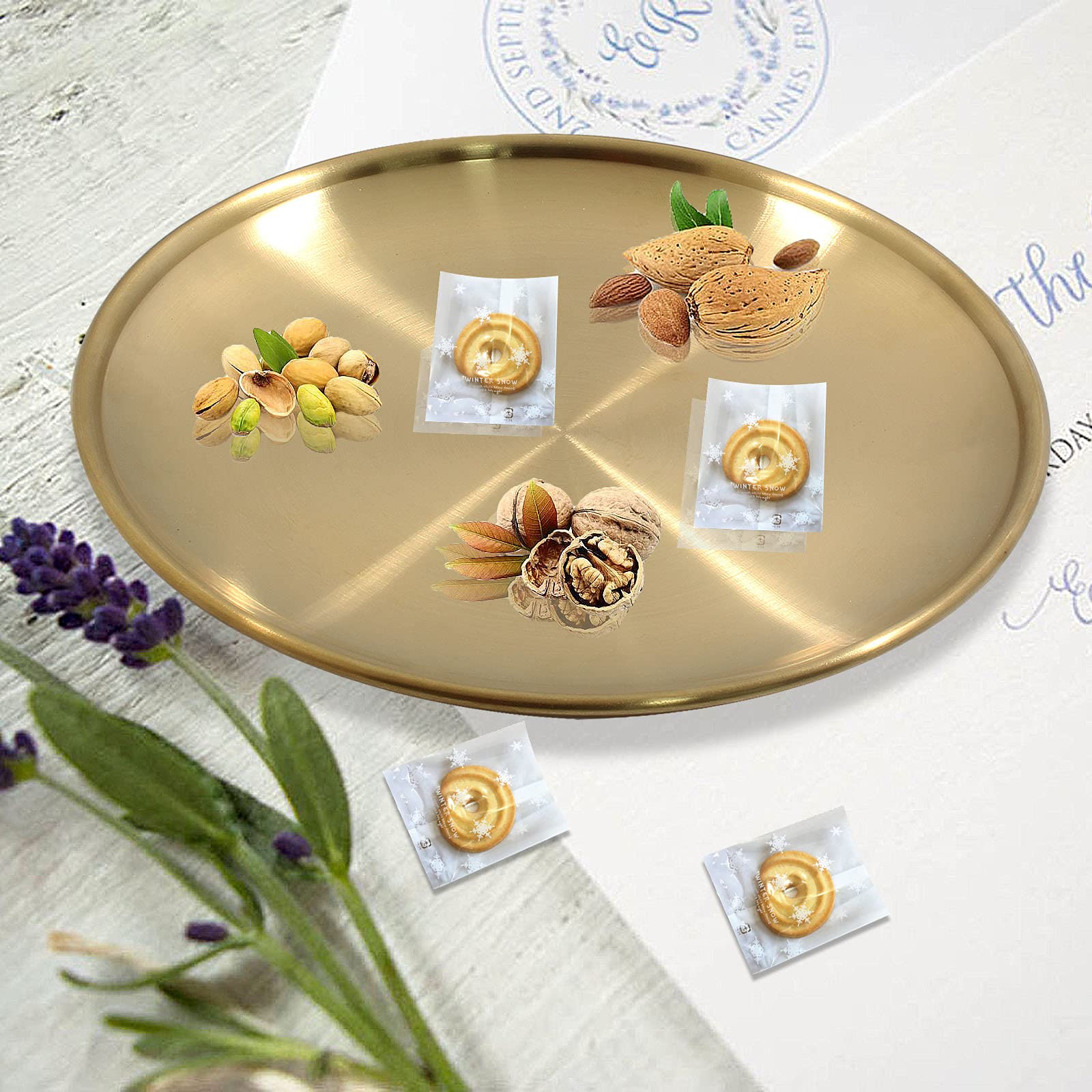 6.69 Inch Stainless Steel Round Gold Tray - Multi-Purpose Serving Tray for Bathroom Towels, Cosmetics, Jewelry, Fruit & Candy - Elegant Decorative Storage Solution for Home, Hotel or Spa