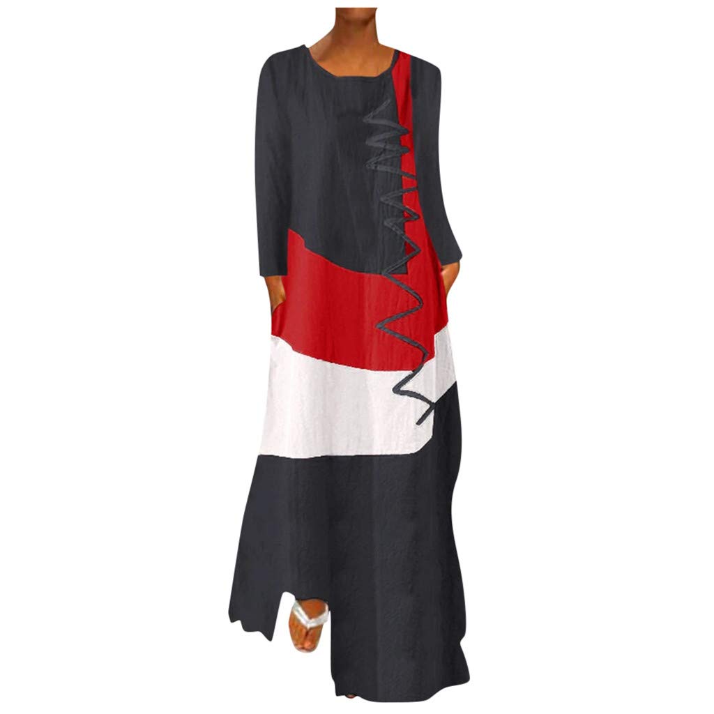 Stylish Women's Summer Maxi Dress with Pockets - Color Block Plus Size Casual O-Neck Long Sundress | Perfect for Beach Vacations, Outdoor Parties & Everyday Wear