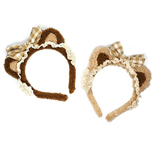 Fluffy Cute Bear Ears Headband with Plaid Bow - Soft Animal Hairband for Women, Girls & Kids - 2 Pack (Brown & Beige) - Perfect for Costume Parties, Cosplay & Winter Accessories