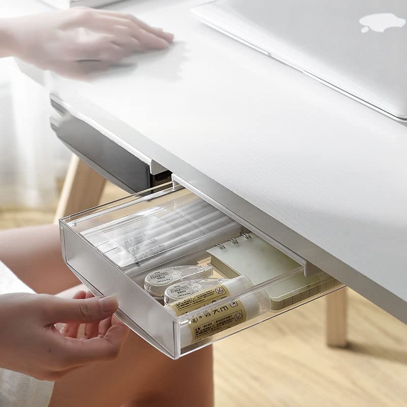 SOUJOY 3 Pack Under Desk Drawer Organizer - Self-Adhesive Slide Out Storage Tray for Office, Home, School & Kitchen - Space Saving Hidden Storage Solution for Desks, Tables, Sewing Stations & Workstations