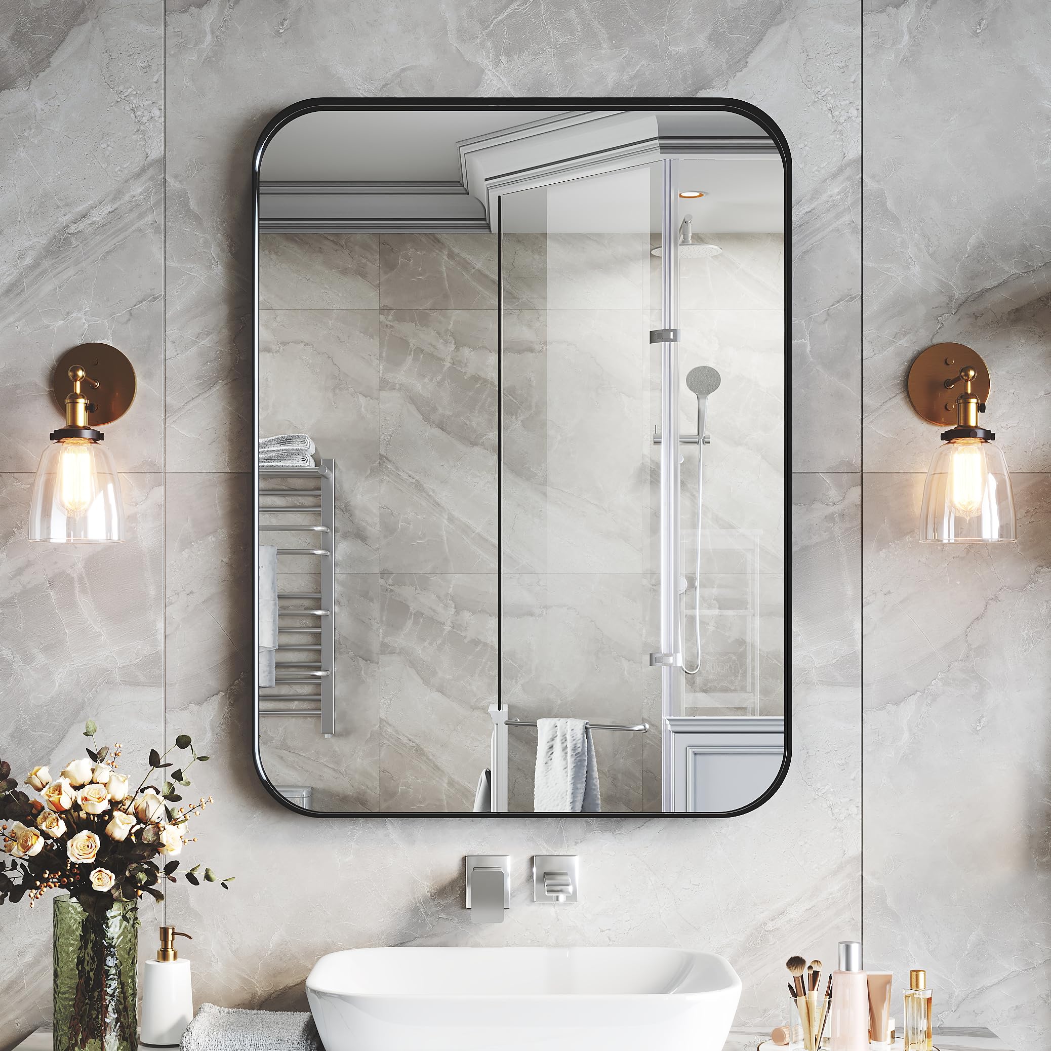 24 x 36 Inch Black Aluminum Alloy Framed Bathroom Mirror - Tempered Glass Rounded Rectangle Wall Mirror for Bathroom, Bedroom & Hallway - Vertical or Horizontal Hanging - Shatterproof & Durable Design