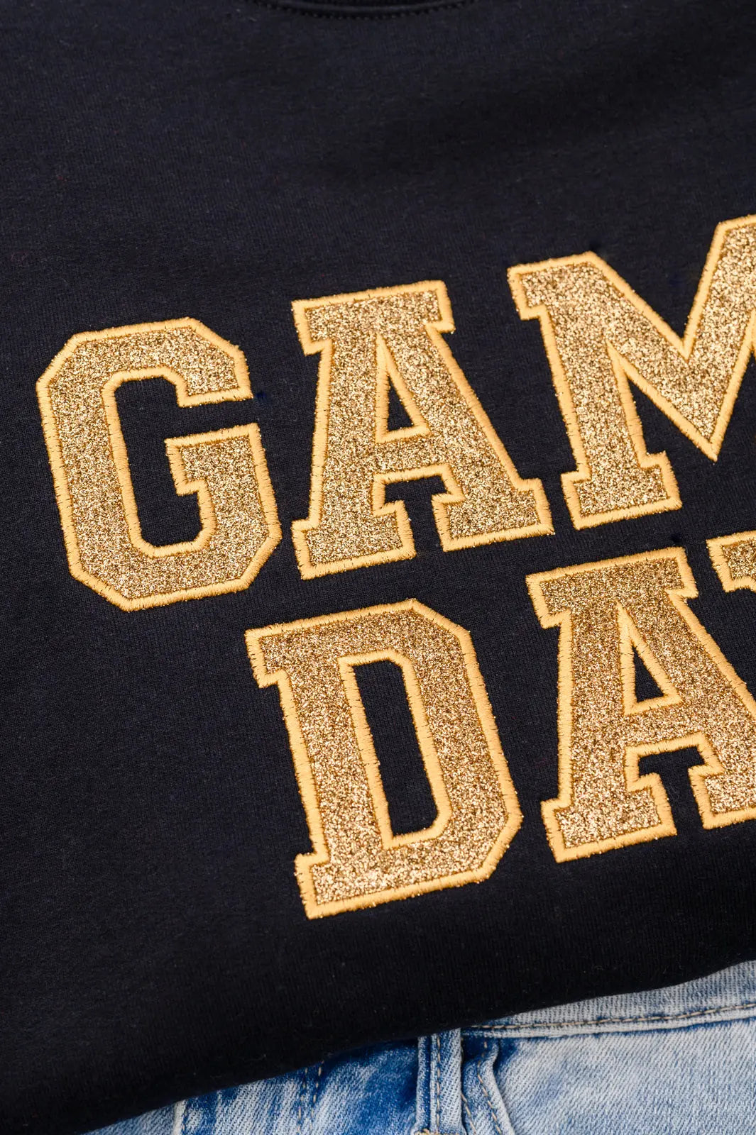 PREORDER: Embroidered Glitter Game Day Sweatshirt - Black & Old Gold | Perfect for Football Tailgates, College Parties & Sports Events