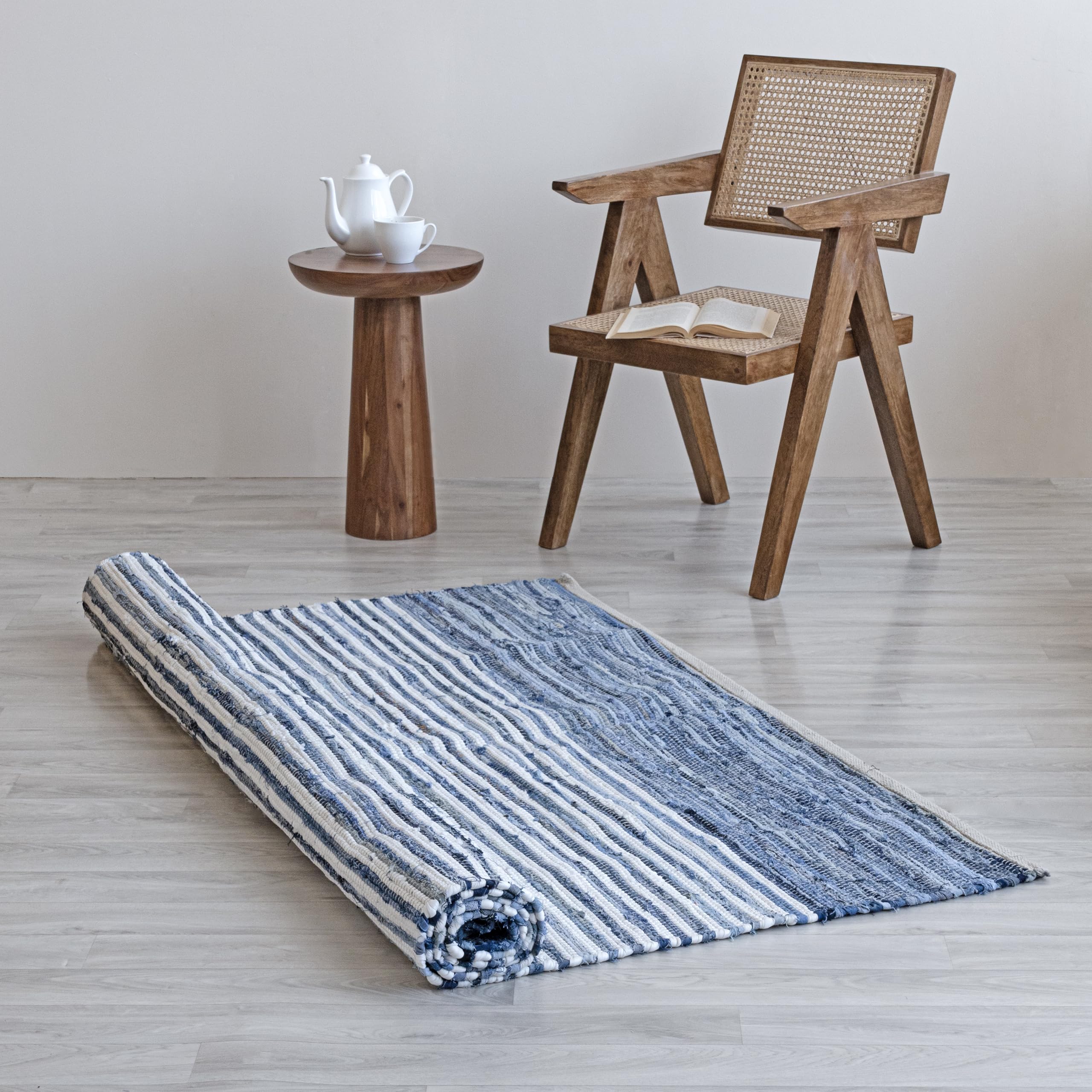 Handmade HOMEMONDE Denim Rag Rug 3'x5' - Blue Recycled Cotton Chindi Boho Reversible Rug - Farmhouse Style for Bedroom, Living Room, Kitchen & Entryway - Perfect for Cozy Home Decor & Boho Chic Interiors