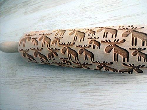 Wooden Rolling Pin with MOOSE Embossing Pattern - Handmade Cookie Dough Press for Baking, Pottery & DIY Crafts - Perfect for Holiday Cookies, Wedding Favors & Home Decor