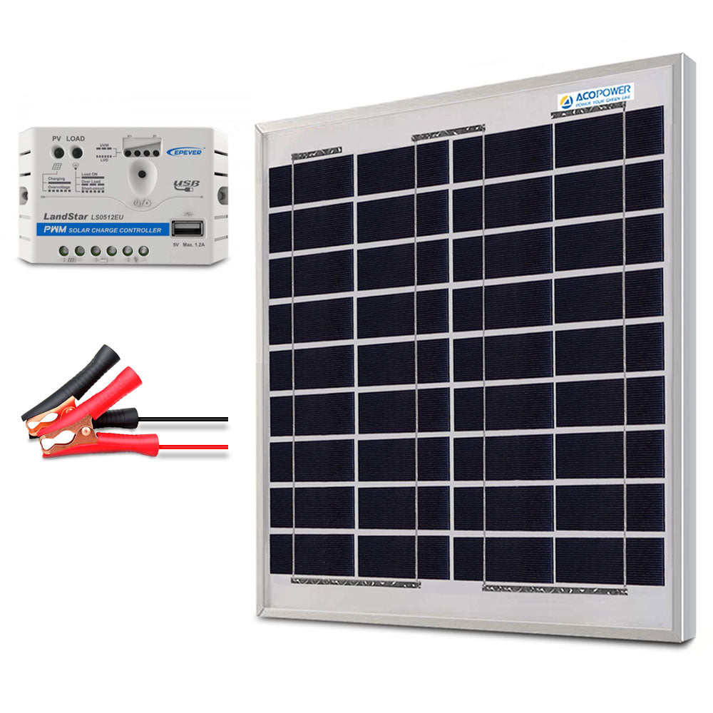 ACOPower 15W 12V Solar Panel Charger Kit with 5A Charge Controller & Alligator Clips - Perfect for RV, Boat, Car Battery Charging & Off-Grid Power Supply