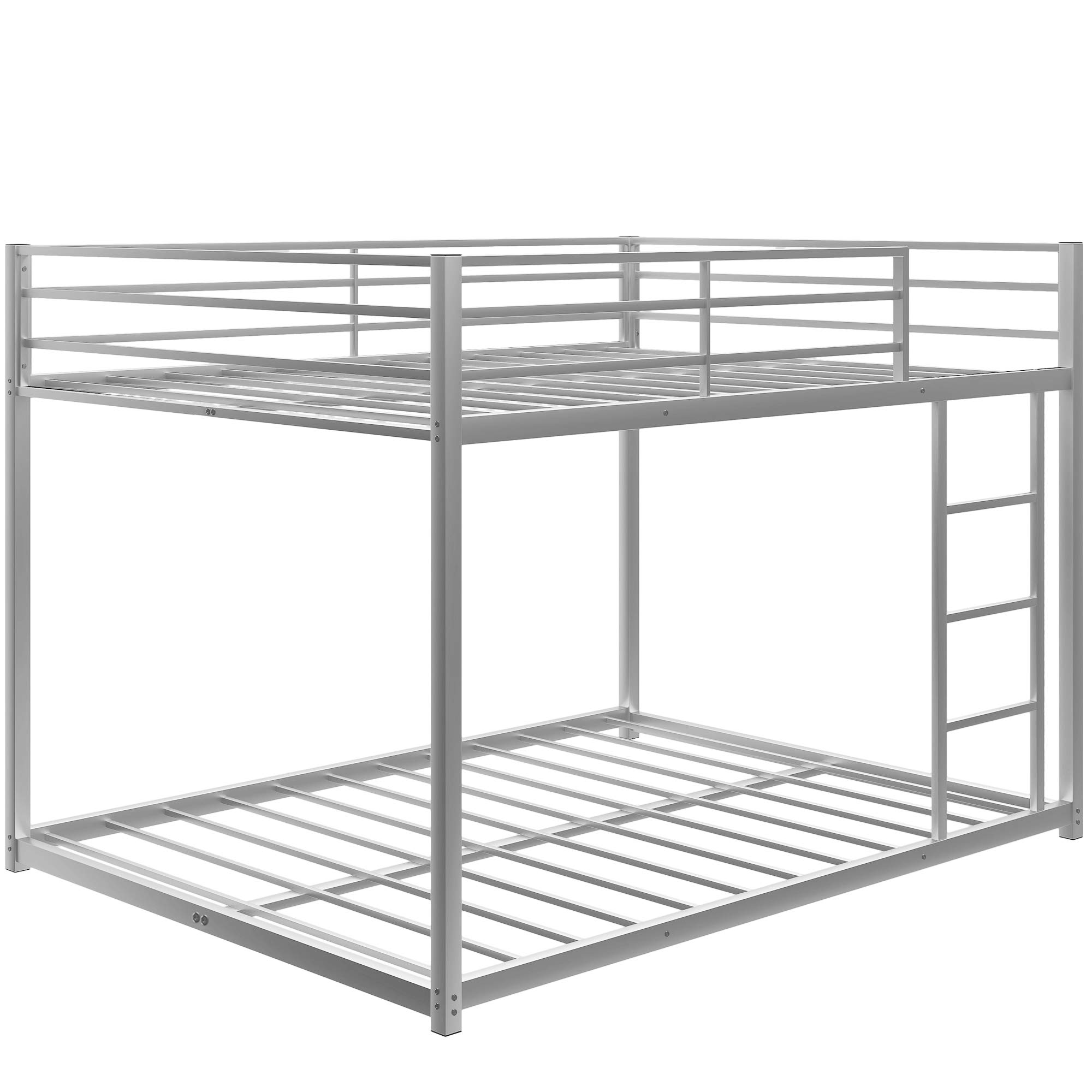 Rhomtree Full Over Full Metal Low Bunk Bed with Ladder - Heavy Duty Space-Saving Bed Frame with Safety Guard Rails for Kids, Teens & Adults - Perfect for Small Bedrooms, Dorms & Guest Rooms (Silver)