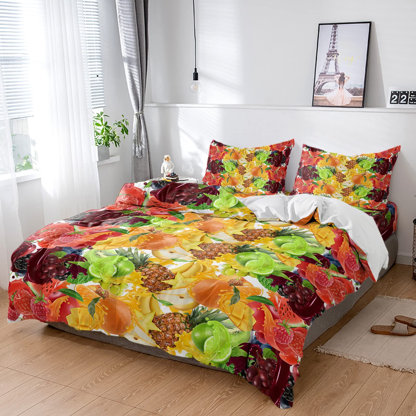 Tropical Fruits Duvet Cover Set - Twin Size 4-Piece Washed Microfiber Bedding with Pineapple Banana Mango Lemon Design | Ultra Soft Comforter Cover, Pillowcases & Sheet | Perfect for Summer Bedroom Decor & Kids Room