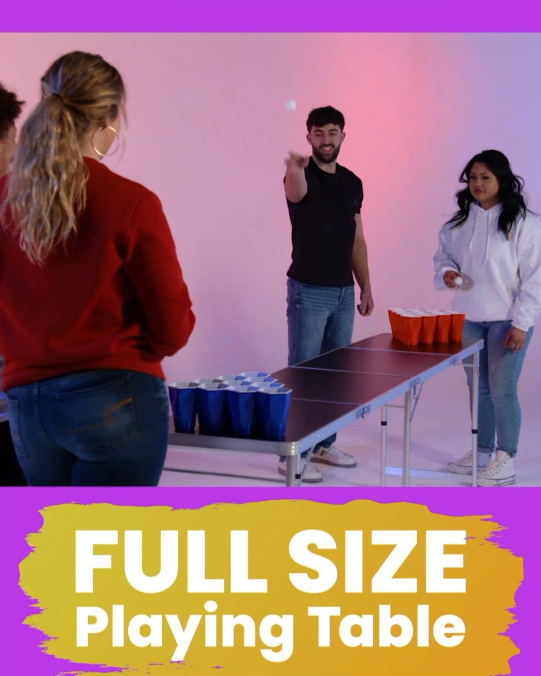 8-Foot Folding Beer Pong Table with LED Lights & Cup Holders - Portable Party Game Table for Outdoor, Backyard, College Dorm & Tailgating Events