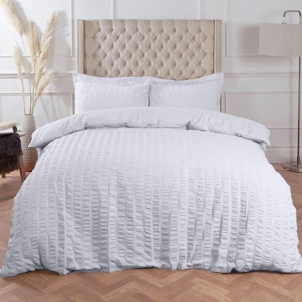 Highams Seersucker Double Bed Duvet Cover Set with Pillowcases - Luxury White Bedding for Master Bedroom & Guest Room - Breathable Summer Bedding Set for Hot Sleepers