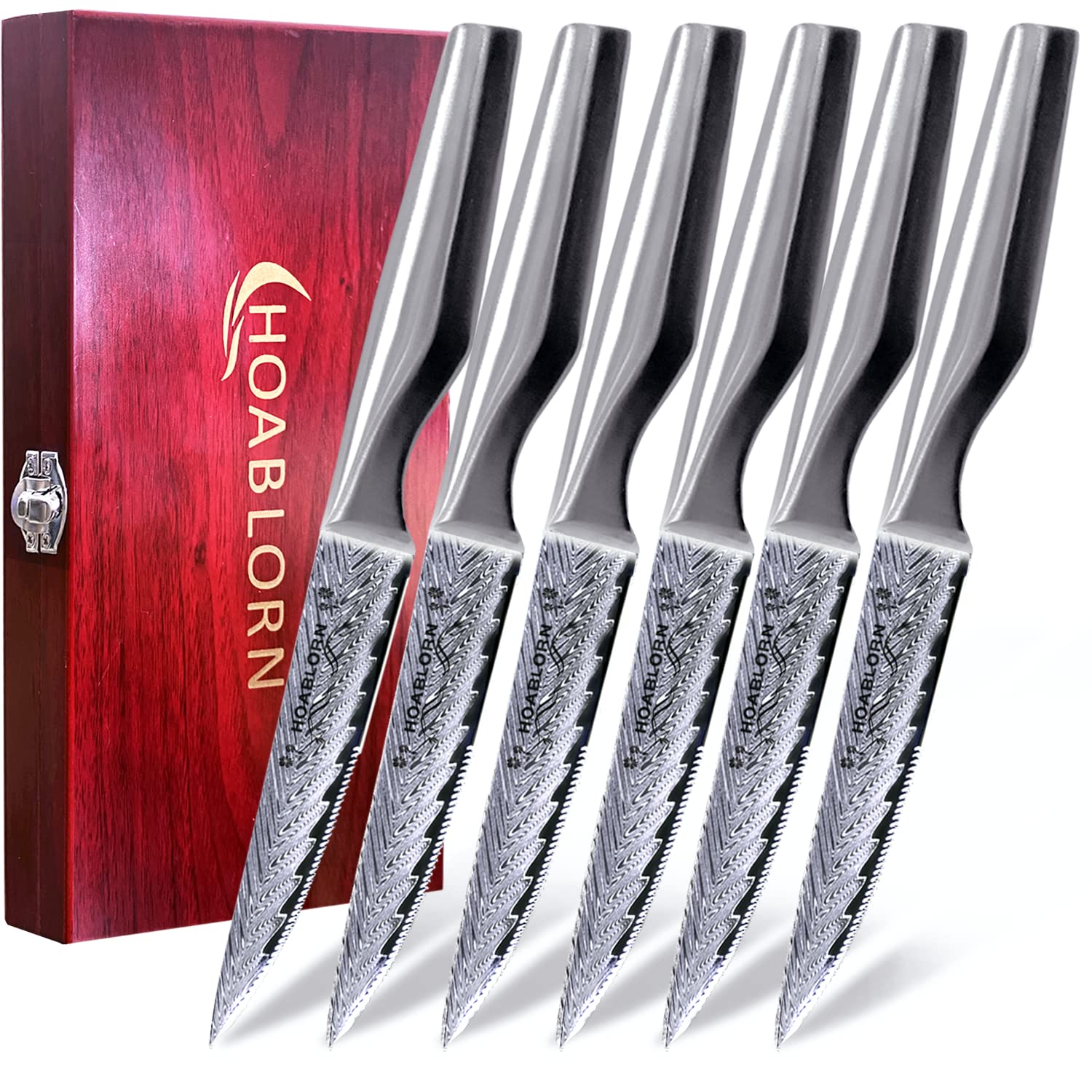 Premium Damascus Steel Steak Knives Set of 6 - Razor Sharp Serrated Blades for Perfect Steak Cutting - Ideal for Home Dining, BBQ Parties & Restaurant Use