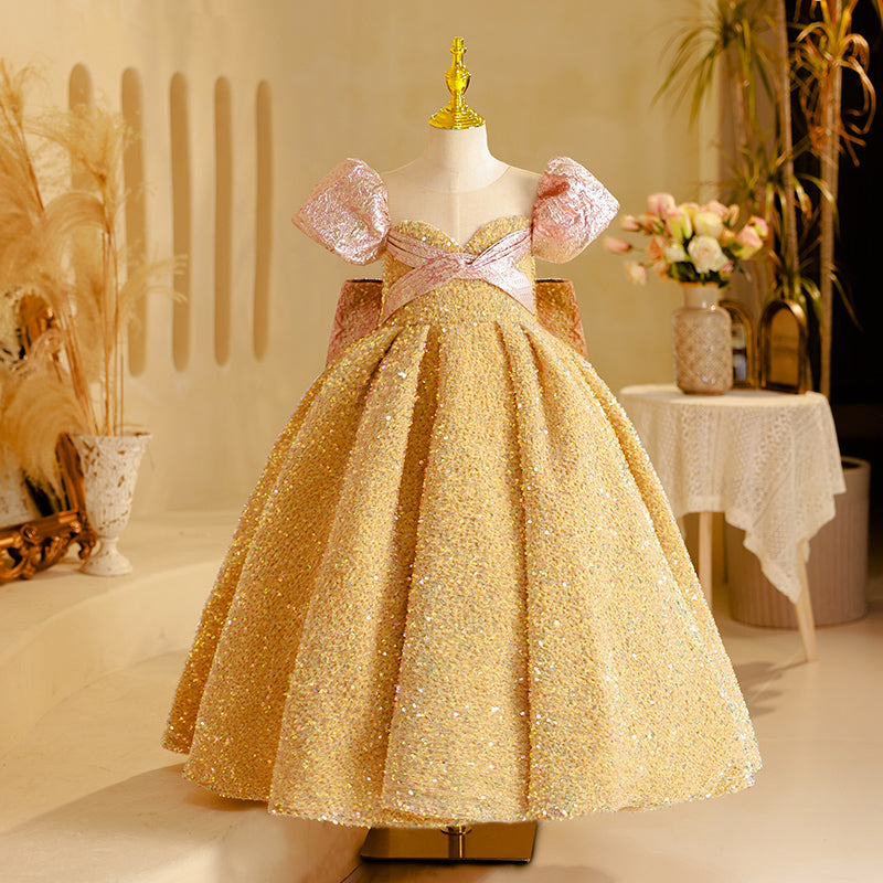 Sparkly Gold Sequin Flower Girl Dress with Puff Sleeves - Elegant A-Line Princess Gown for Weddings, Pageants & Special Occasions