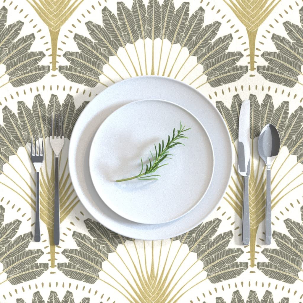 Premium Cotton Sateen Tablecloth 70x108 Inches - Neutral Botanicals with Art Deco Fans & Palm Leaves Design | Trendy Custom Dining Table Linens for Formal Dinners, Outdoor Parties & Home Decor