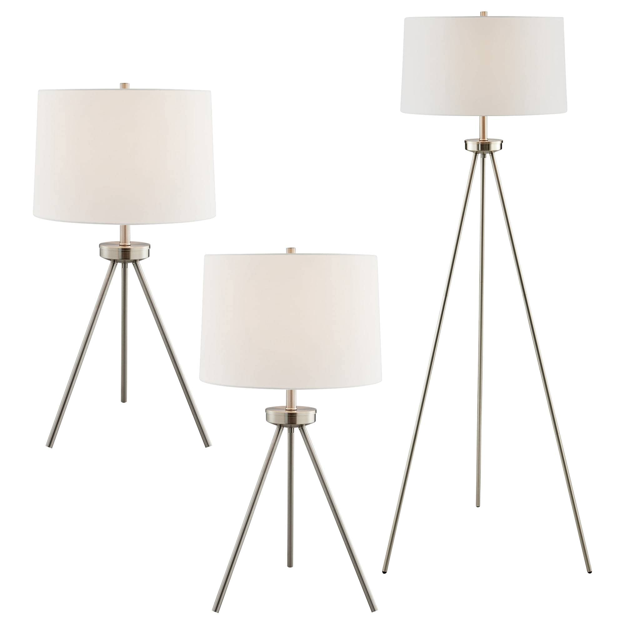 Lite Source Tullio Brushed Nickel Tripod Table Lamp and Floor Lamp Set of 3 - Modern Lighting for Living Room, Bedroom & Office Decor