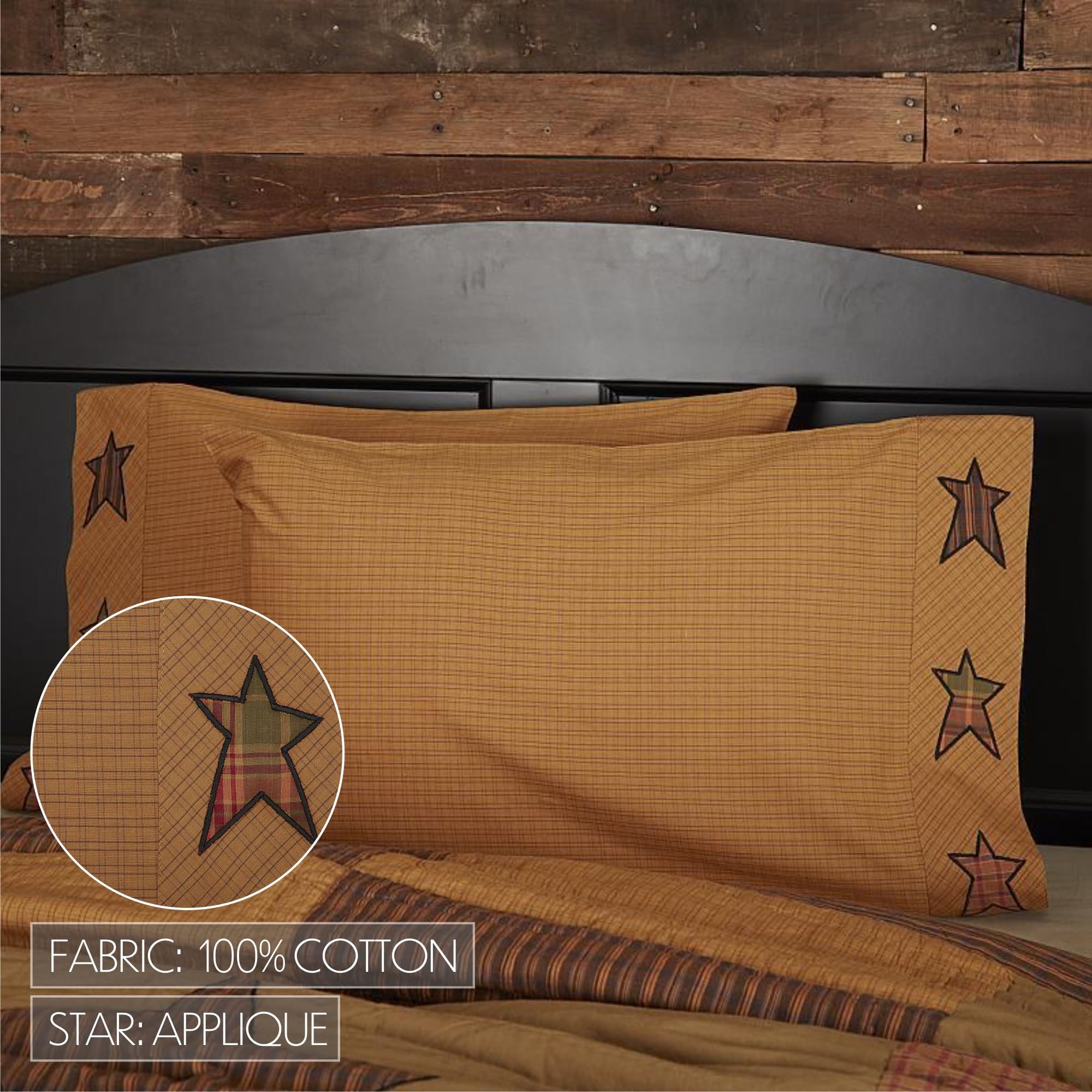 VHC Brands Stratton Star Cotton Primitive Bedding Appliqued Standard Pillowcase Set of 2, Dark Khaki Tan - Farmhouse Decor for Living Room & Bedroom