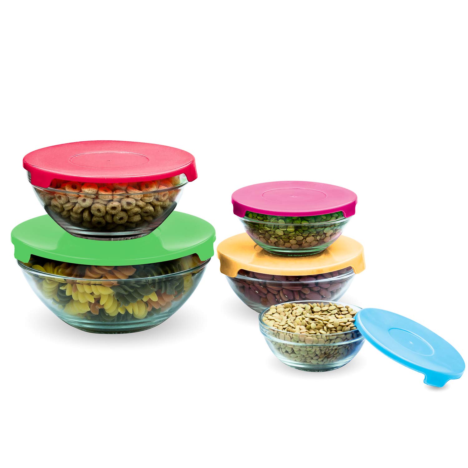 Stackable Glass Lunch Bowls with Multi-Color Lids - 5-Piece Set for Meal Prep, Food Storage & Office Lunch | BPA-Free, Microwave & Dishwasher Safe