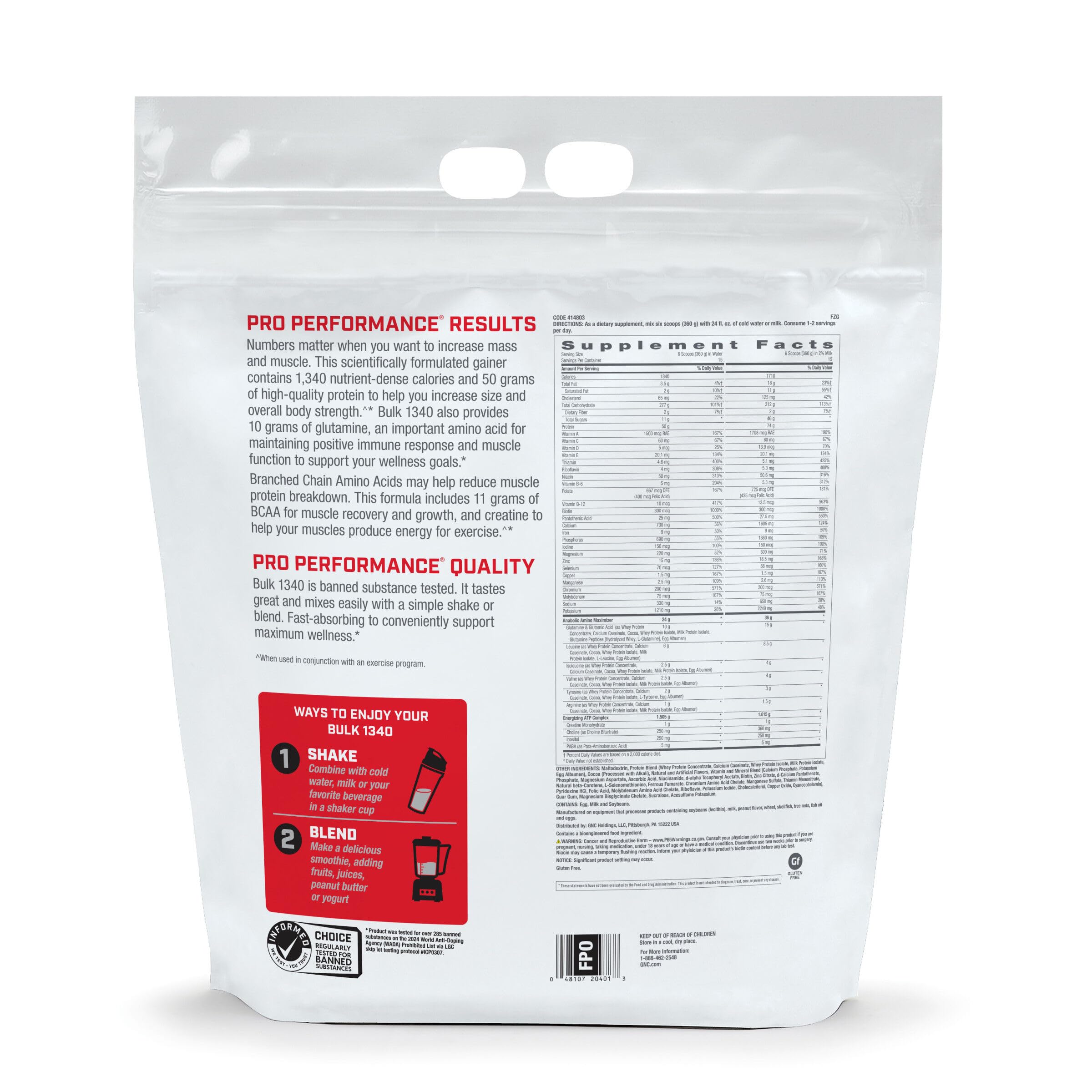 GNC Pro Performance Bulk 1340 Mass Gainer Protein Powder - 50g Protein, 1340 Calories, Gluten Free | Banned Substance Tested High Calorie Muscle Builder for Weight Gain & Recovery | Supports Energy, Muscle Growth & Post-Workout Recovery | Perfect for Bodybuilders & Athletes