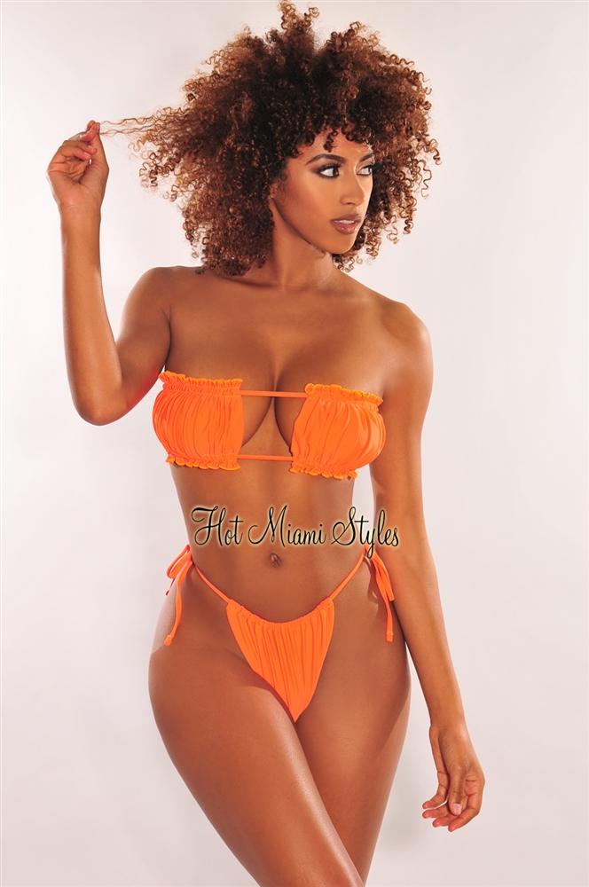 Sexy Tangerine Ruched Bust Frill Padded Bandeau Bikini Bottom - High Waisted Swimwear for Women, Summer Beach Vacation, Pool Party, Tropical Getaway