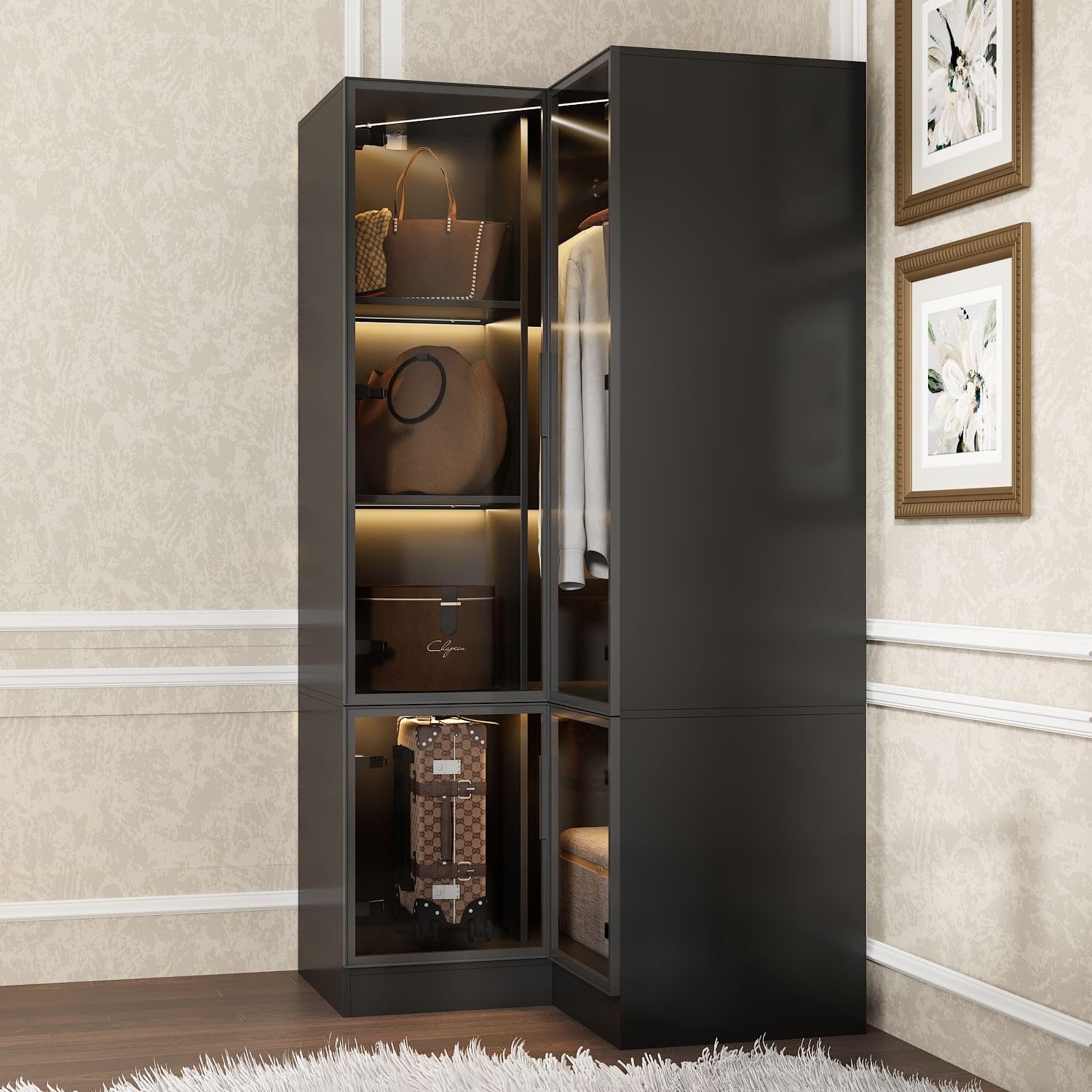 MOUMON L-Shaped Corner Wardrobe Closet with Glass Doors & LED Lights - Freestanding Clothes Storage Cabinet with Hanging Rod & Adjustable Shelves - Perfect for Bedroom, Guest Room, Walk-In Closet - Black (35.4”D x 35.4”W x 70.7”H) - Space-Saving Storage Solution for Small Apartments & Modern Homes