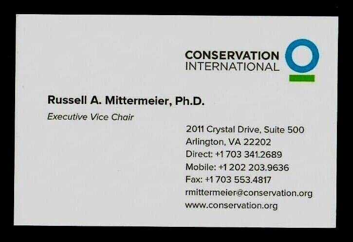 Primatologist Russell Mittermeier Autographed Business Card - Collectible Memorabilia for Wildlife Enthusiasts & Conservation Supporters