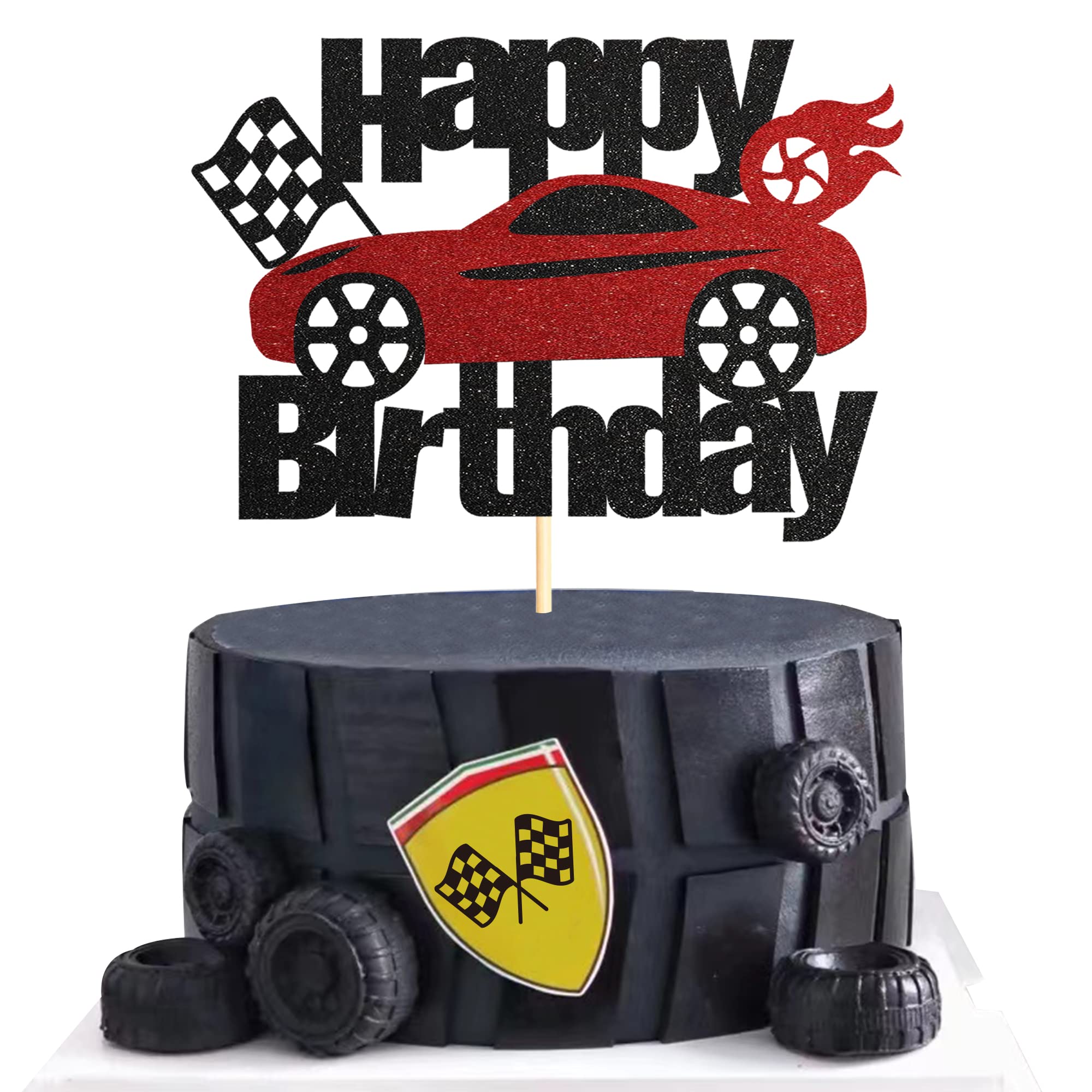 Siipoo Glitter Car Birthday Cake Topper - Black Red Glitter Race Car Decor for Race Car Themed Party Supplies, Perfect for Kids' Birthday Cakes and Decorations