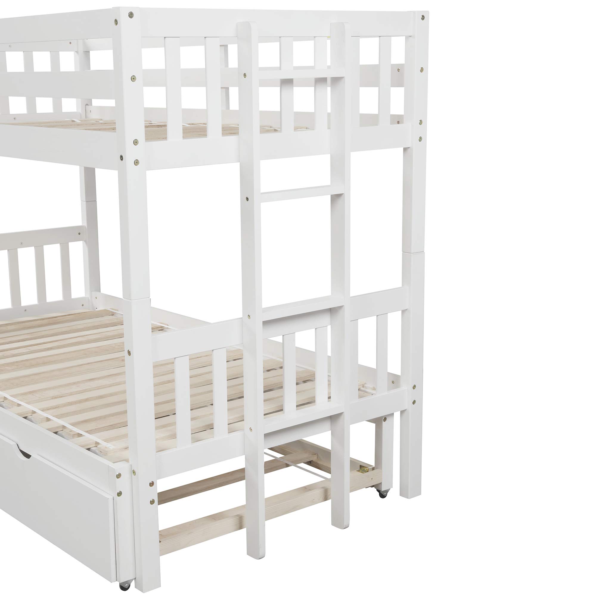 KLMM Twin Over Pull-Out Bunk Bed with Trundle - Solid Wood Twin/Twin, Twin/Full, Twin/Queen or Twin/King Size - Extendable Bunk Bed with Ladder & Safety Rail for Kids & Adults - Space Saving Solution for Small Bedrooms, Guest Rooms & Vacation Homes (White)