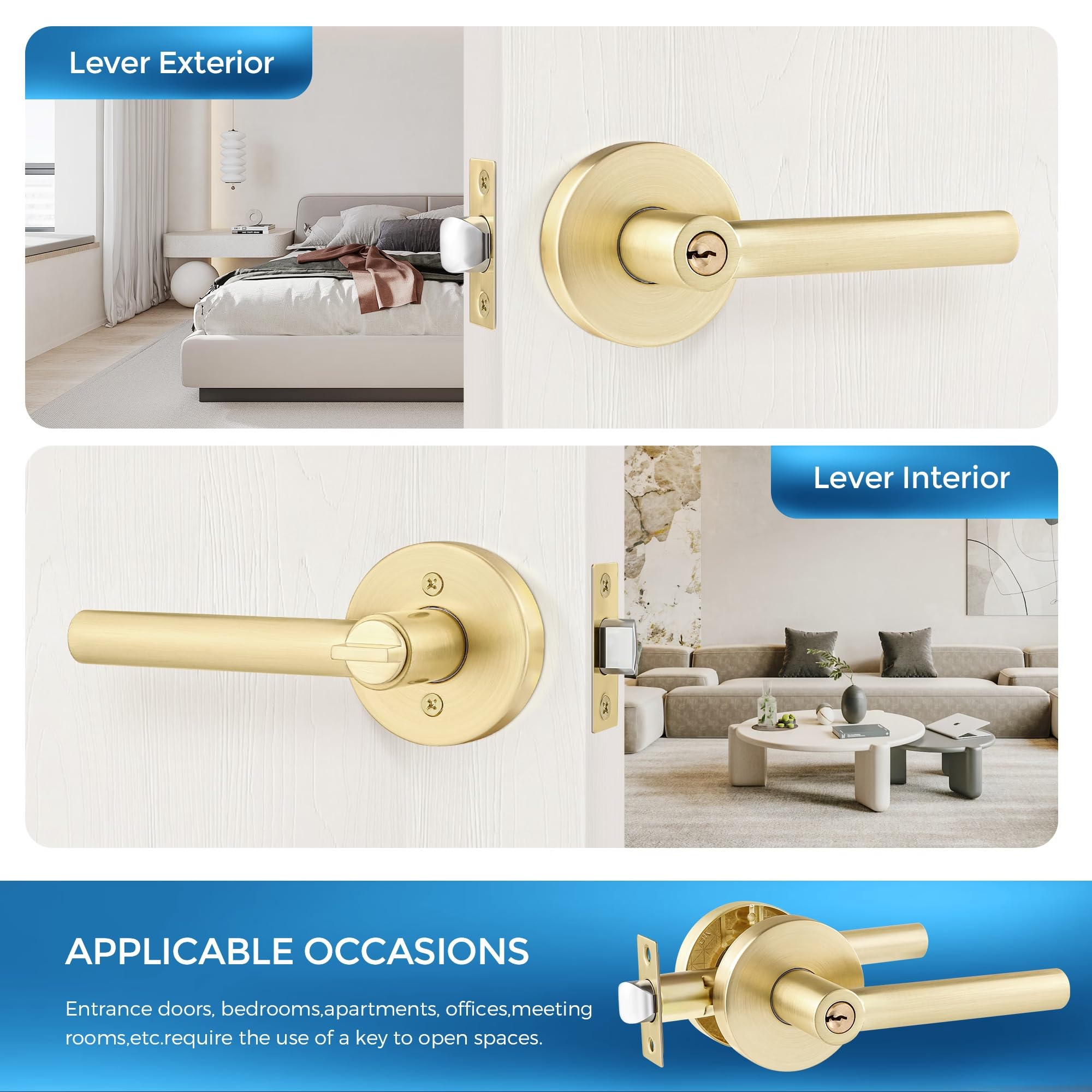 Leydebong 6 Pack Heavy Duty Exterior Door Handleset with Lock & Key - Keyed Alike Gold Lever Handle for Left/Right Hand Doors | Secure Entry for Homes, Offices & Commercial Buildings