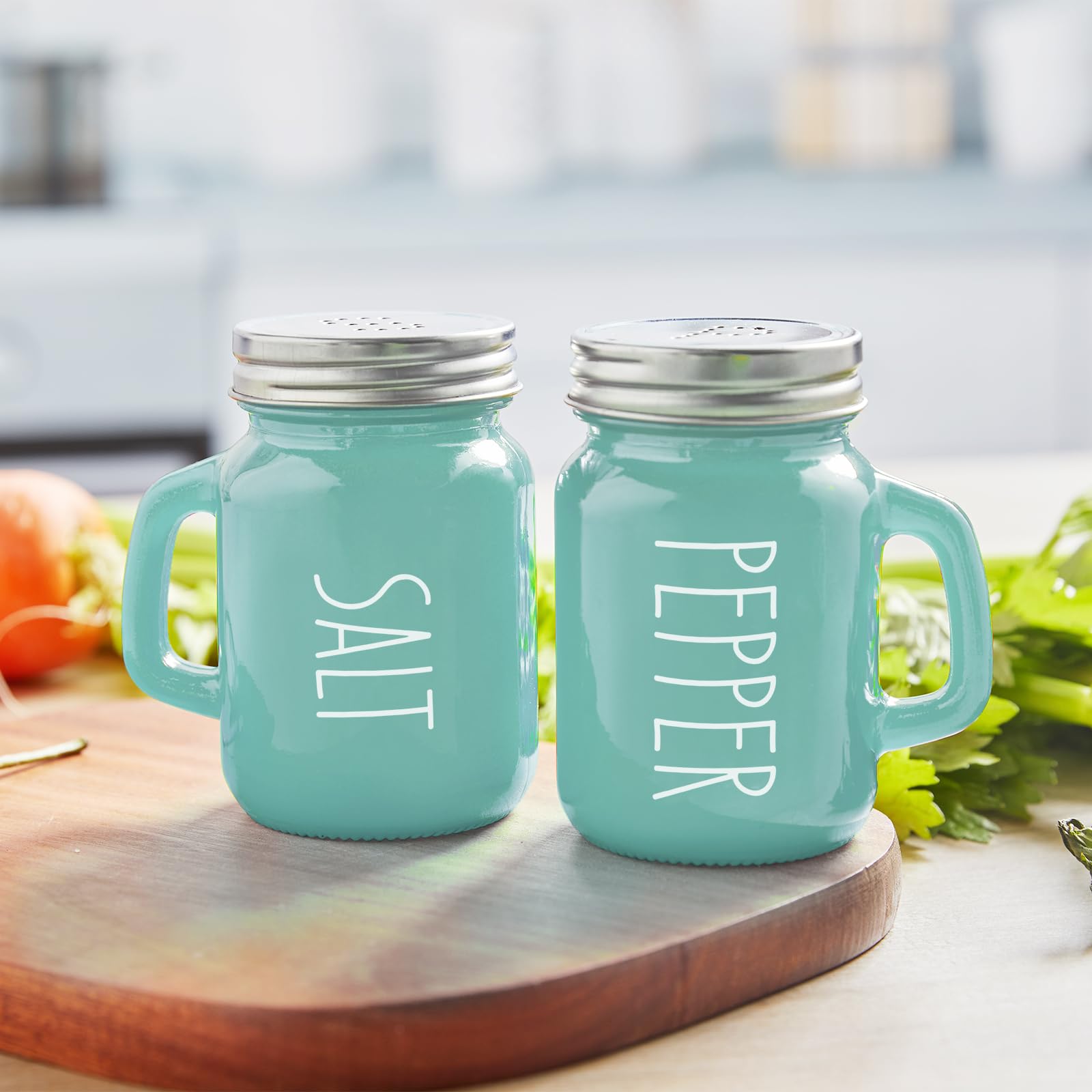 Turquoise Glass Salt and Pepper Shakers Set - Elegant Teal Kitchen Decor for Home, Restaurant & Wedding - Refillable Spice Containers for Dining Table, RV, BBQ - Perfect for Everyday Cooking, Camping & Hosting Guests - Easy to Clean & Use