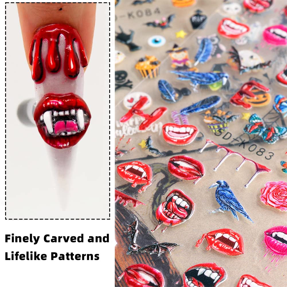 5D Halloween Nail Art Stickers - 3D Embossed Nail Decals with Strong Adhesive for Women, Girls & Kids | Perfect for Halloween Parties, Costume Accessories & Nail Art Designs