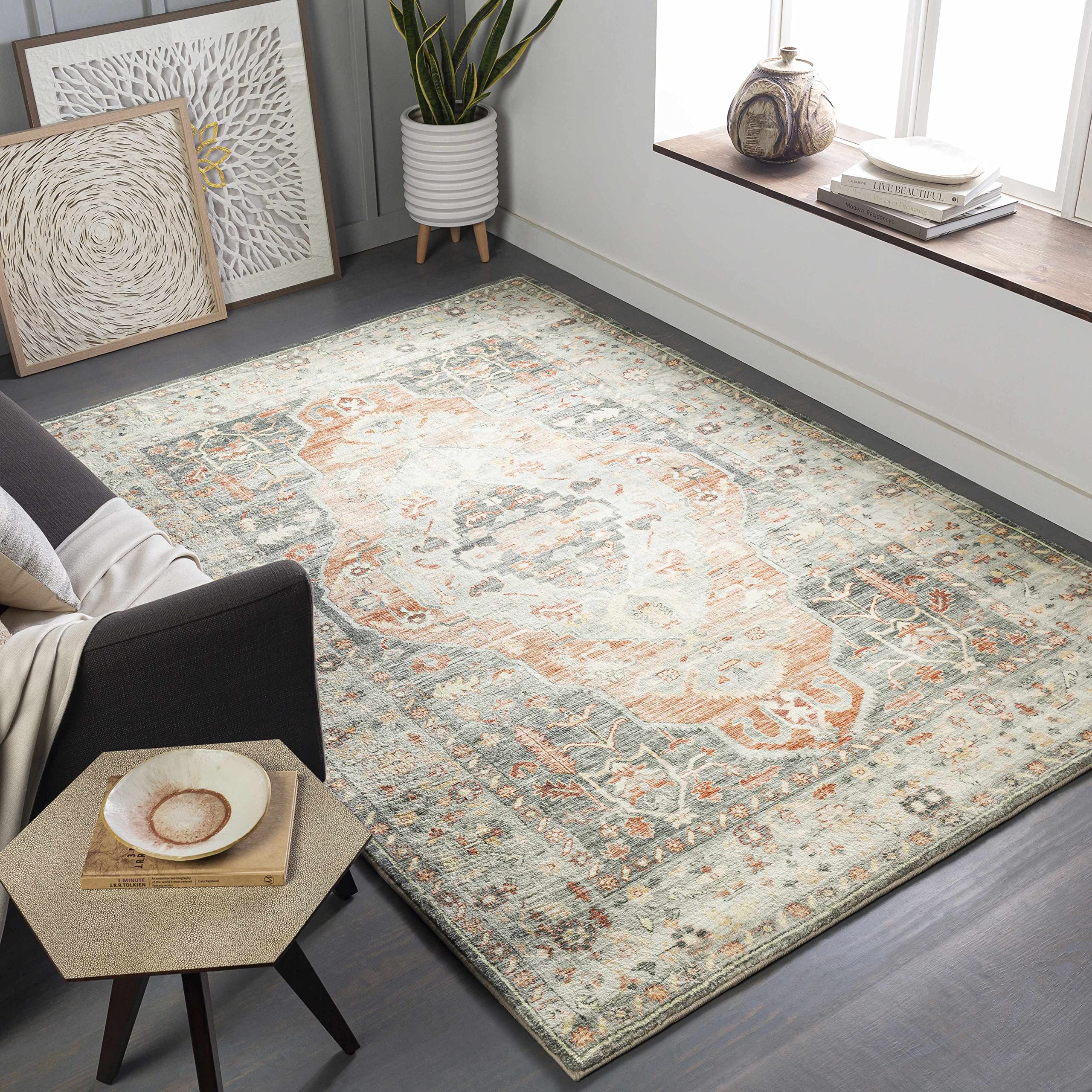 Premium Hauteloom Highbury Traditional Area Rug - Soft Beige, Orange, Gray 2' x 3' - Perfect for Living Room & Bedroom Decor - Adds Warmth & Style to Any Space